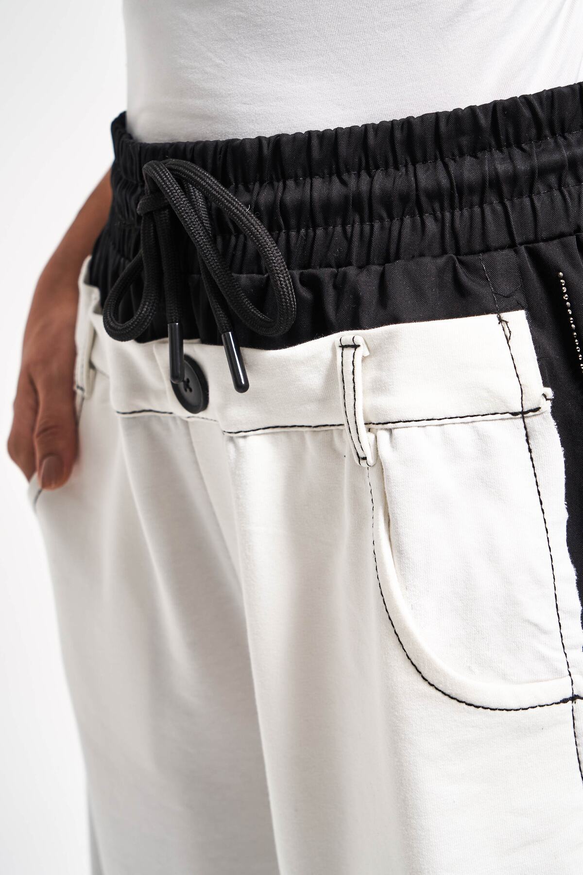 its basic-Women's Ecru Color Black Striped Fabric Loose Cut Double Piece Design Trousers 4