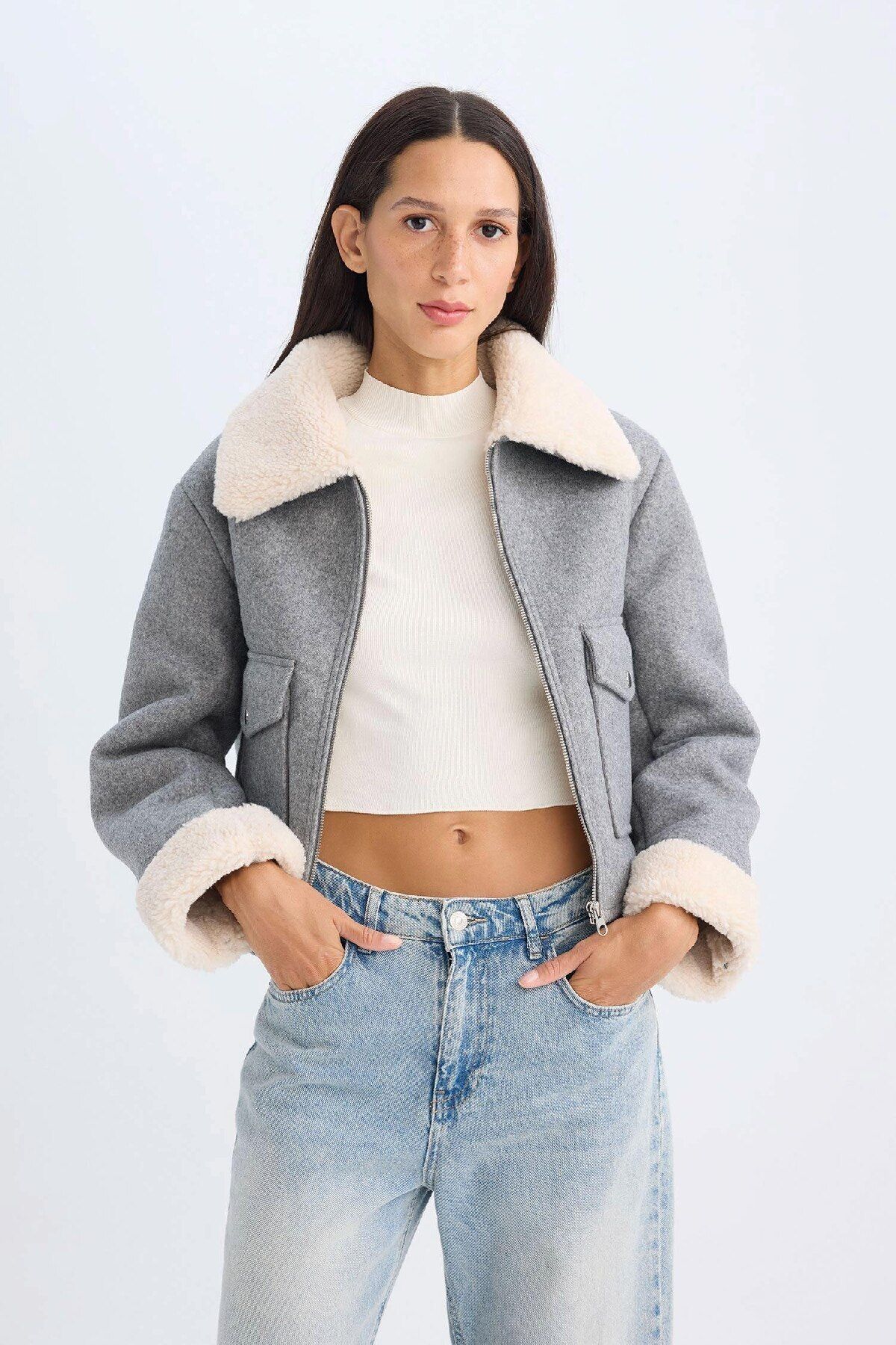 DeFacto-Polo Collar Artificial Cured Short Stamp Coat - Plush Lining with Zipper and Pockets D3998Ax24Wn 7