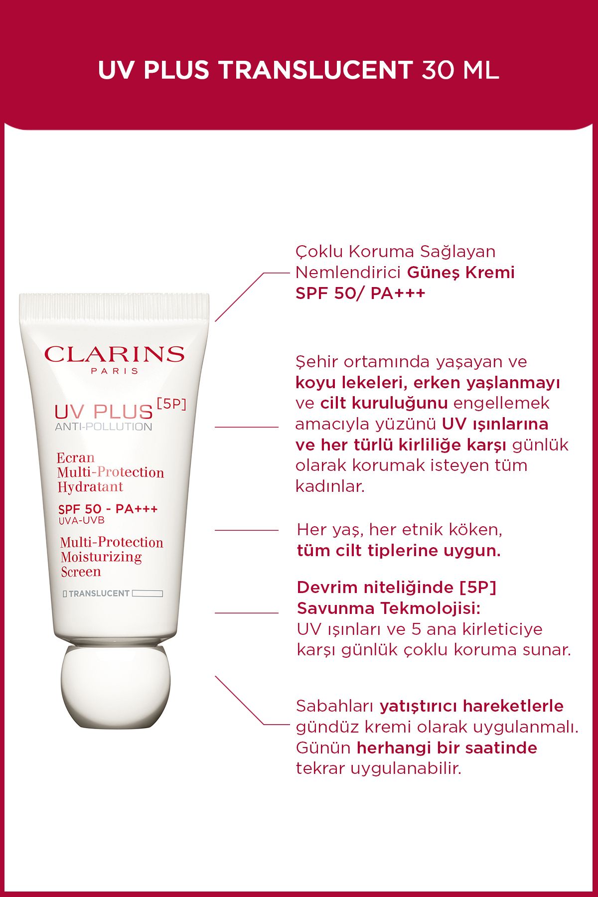 Clarins Koyu Lekeleri Giderici, Ciltlerin Kuruluğunu Önleyici Güneş Kremi
