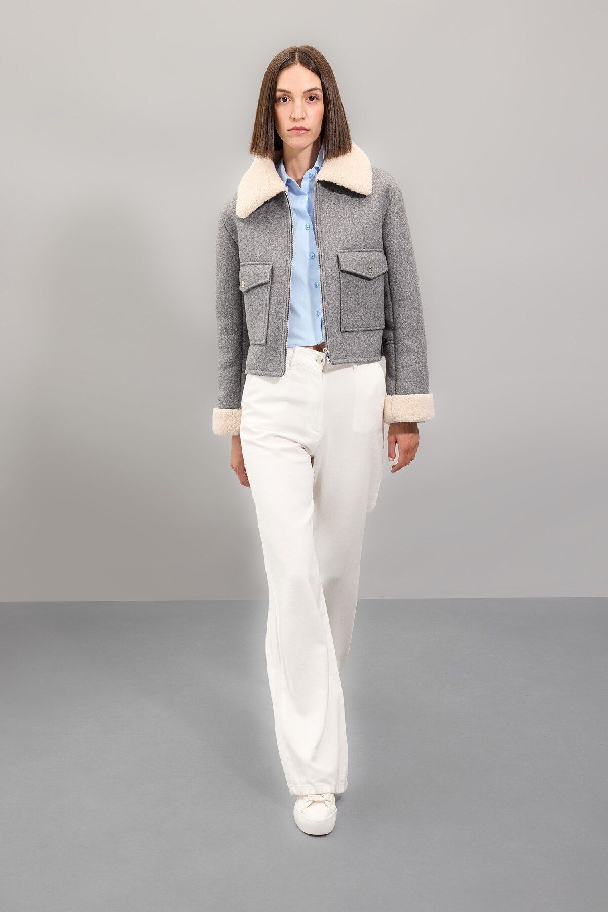 DeFacto-Polo Collar Artificial Cured Short Stamp Coat - Plush Lining with Zipper and Pockets D3998Ax24Wn 2