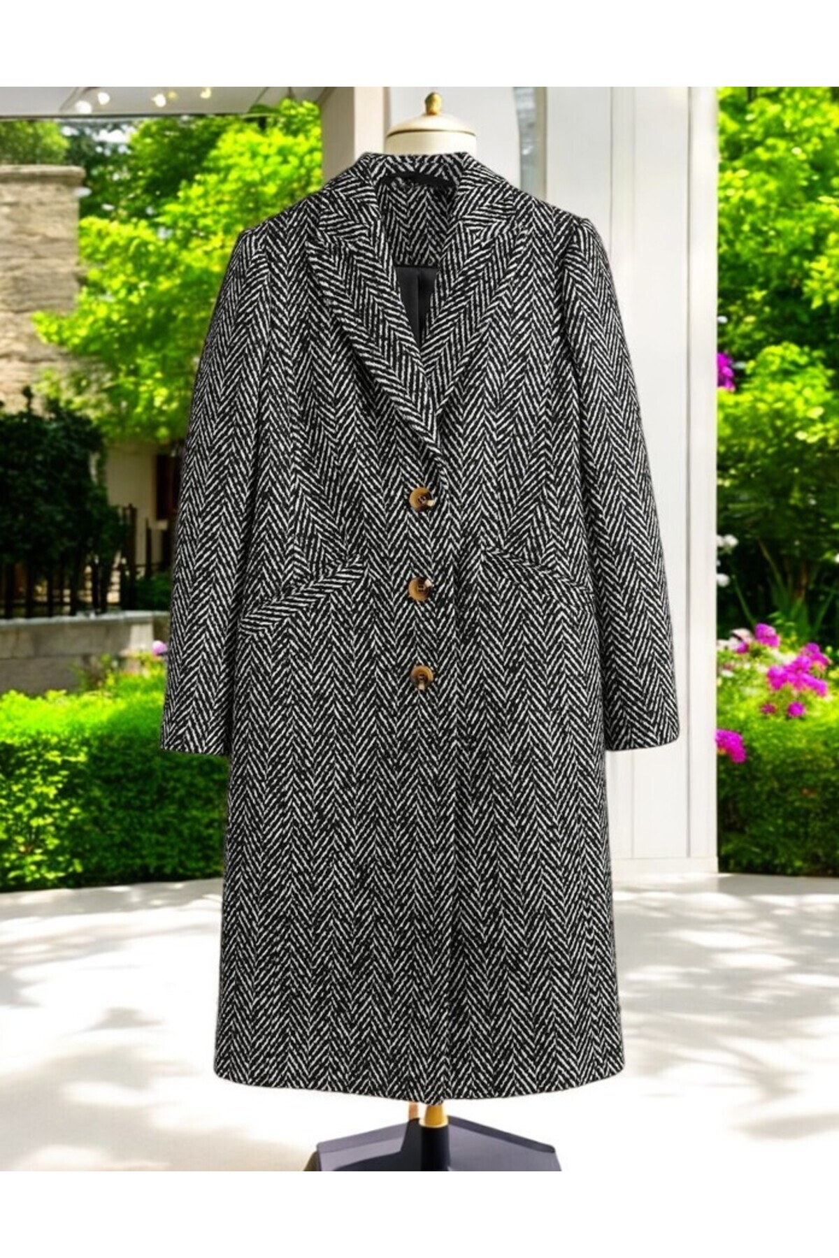 Toridas-Winter Fleece Lined Cashmere Coat with Herringbone Detail 2