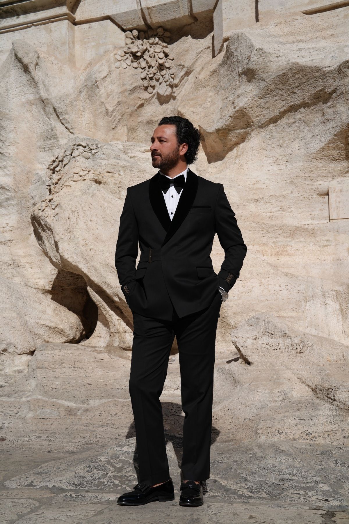 PAREZ Erkek Premıum Smokin Damatlık Kadife Şal Yaka Gümüş Toka İtalyan Stil Slim Fit Ceket Pantolon Papyon