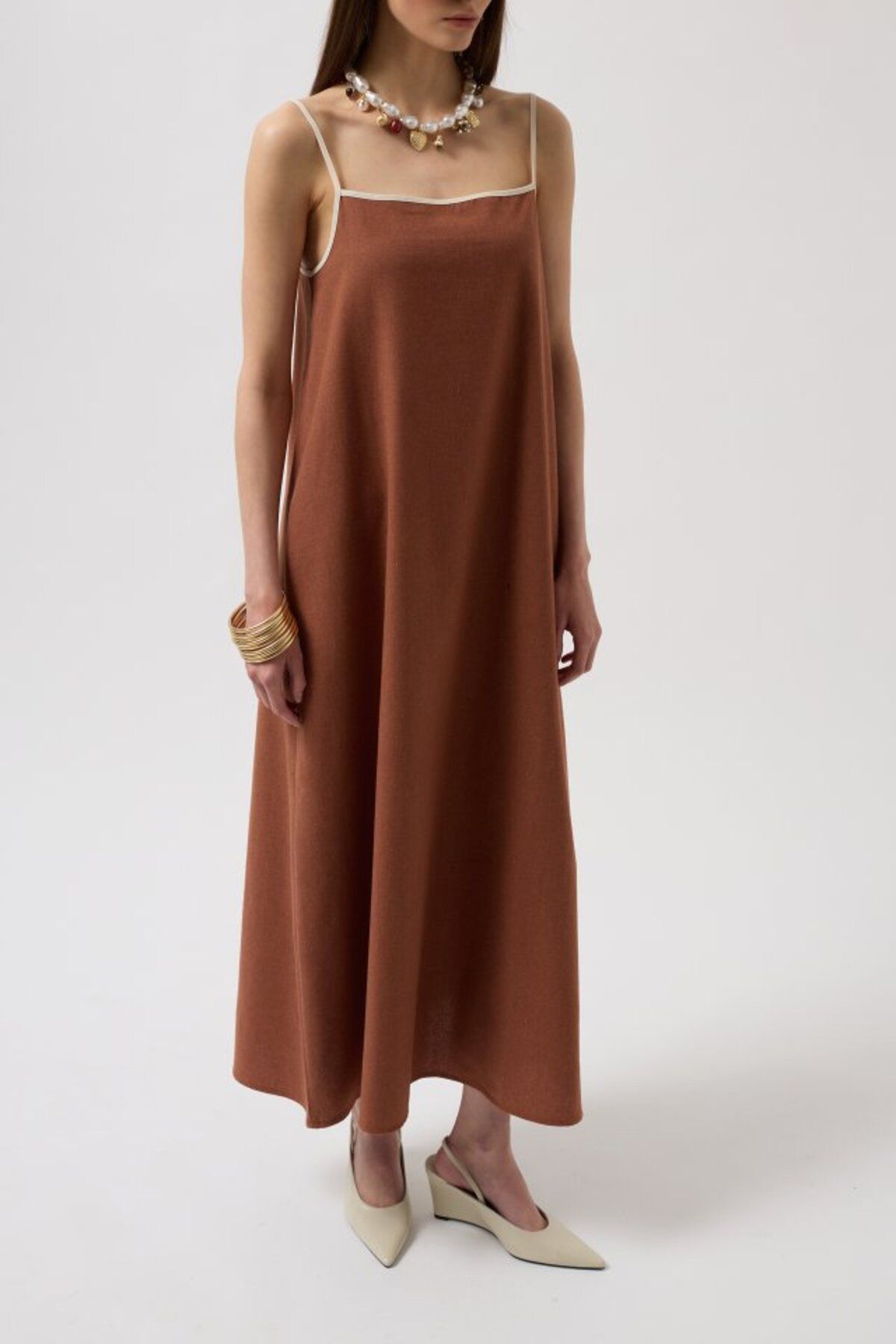 MRA Fashion Şerit Detay Keten Maxi Elbise
