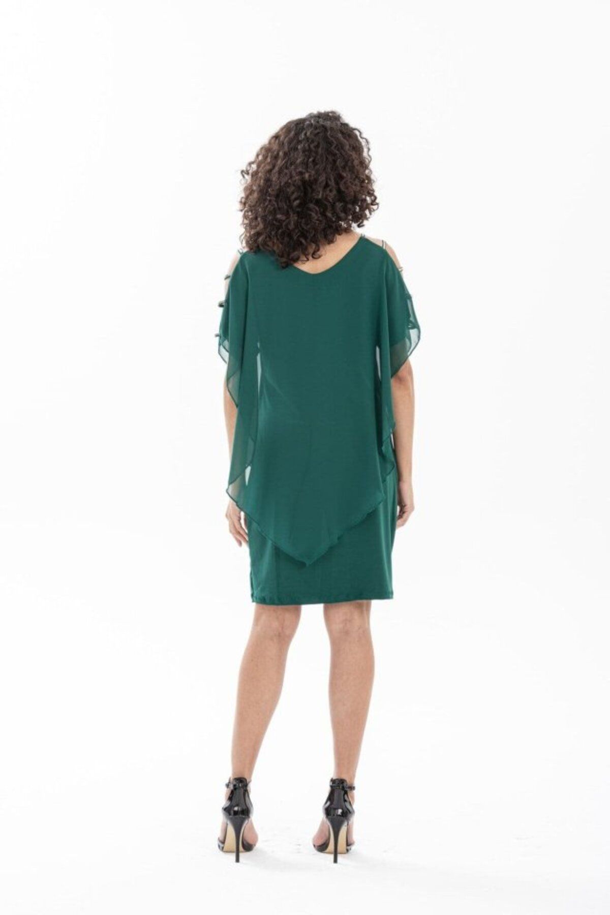 JANES-Women's Off-The-Shoulder V-Neck Chiffon Sandy Fabric Opportunity Product Above Knee Dress 4