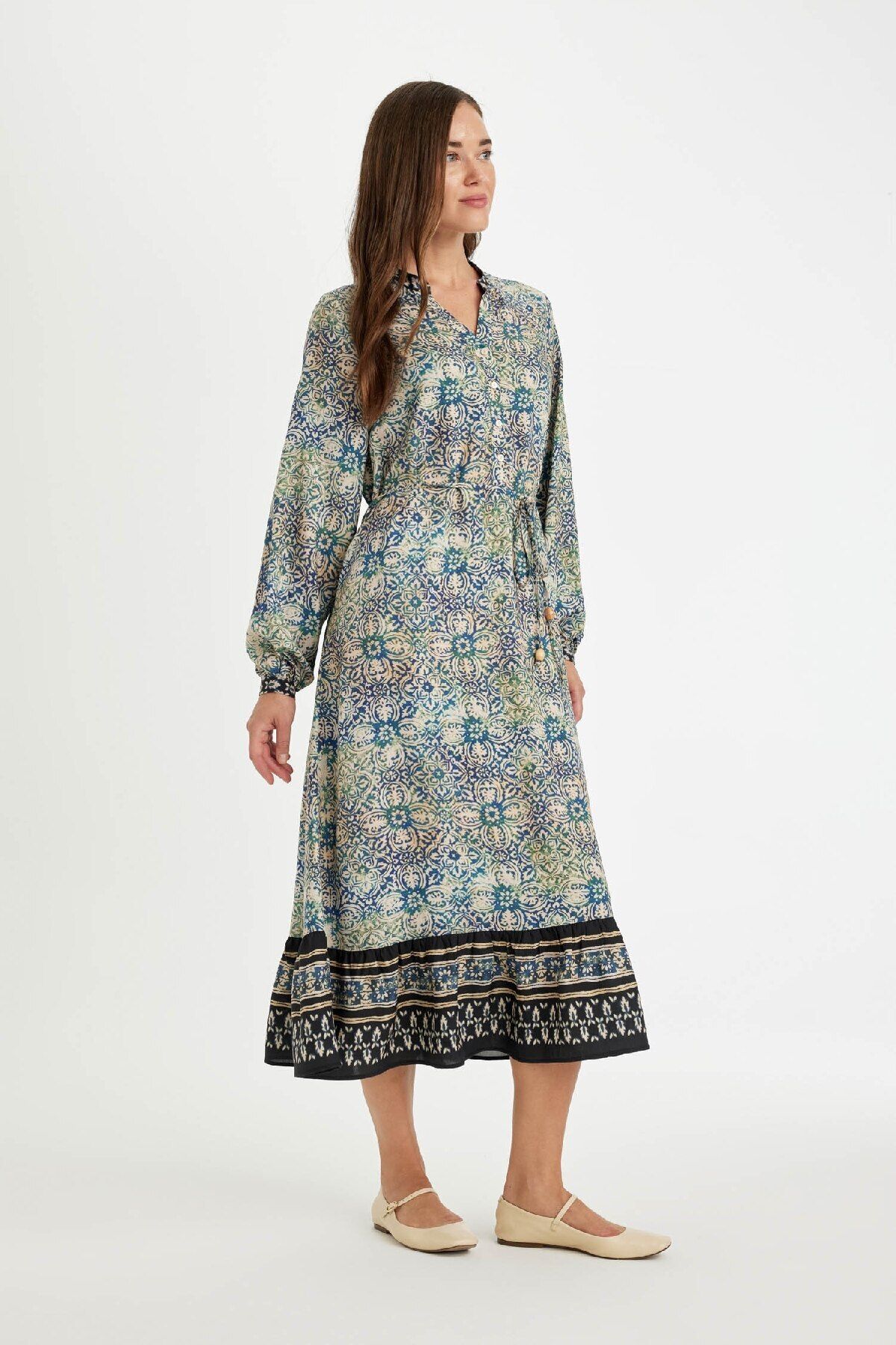 DeFacto-Regular Fit Apache Neckline Print Button up Long Sleeve Maxi Dress D5447Ax24Au 3