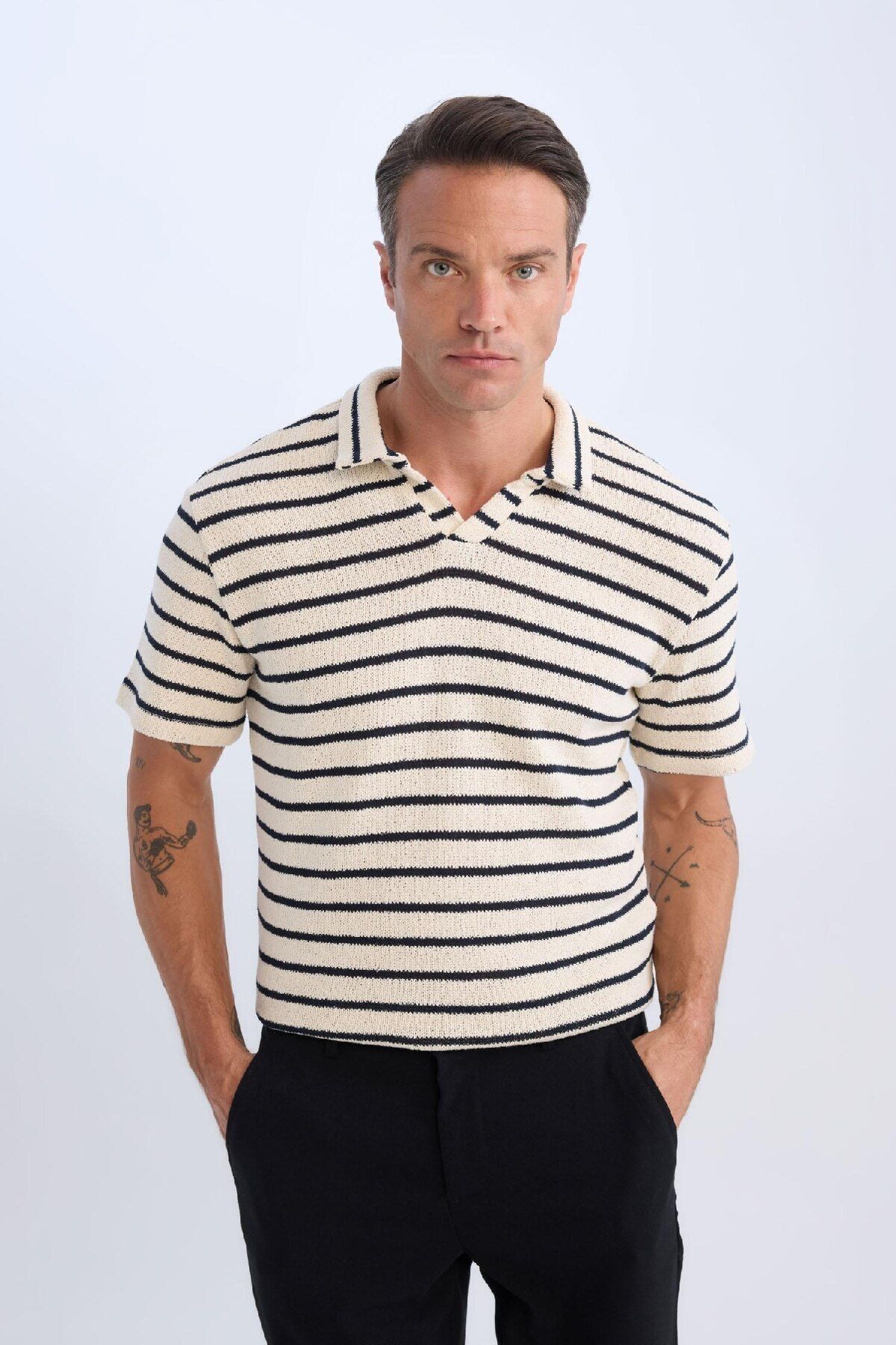 DeFacto-Regular Fit Striped Short Sleeve Polo T-Shirt B6532Ax25Sp 5