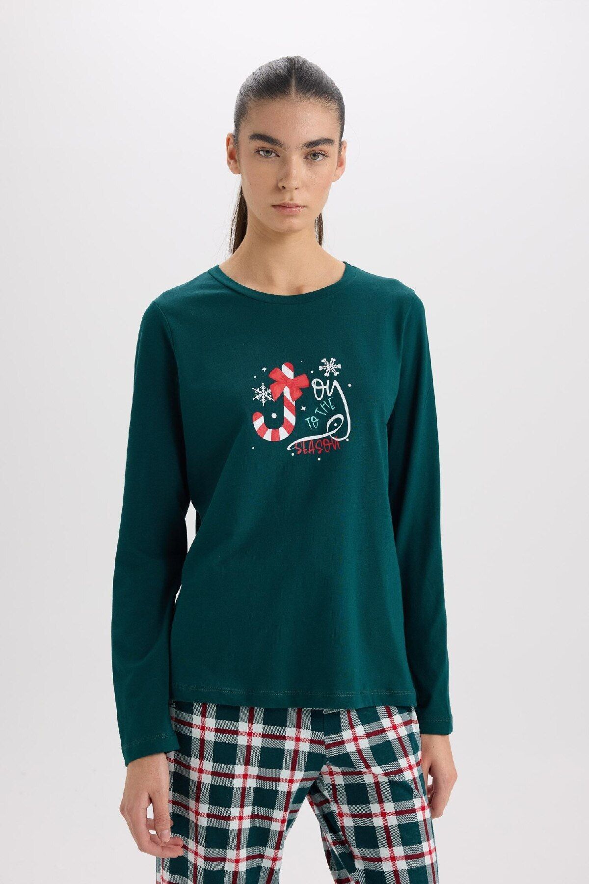 DeFacto-Pajama Set to Fall in Love - Regular Fit, Long Sleeve, Top Check, Long Bottom D2283Ax24Wn 4