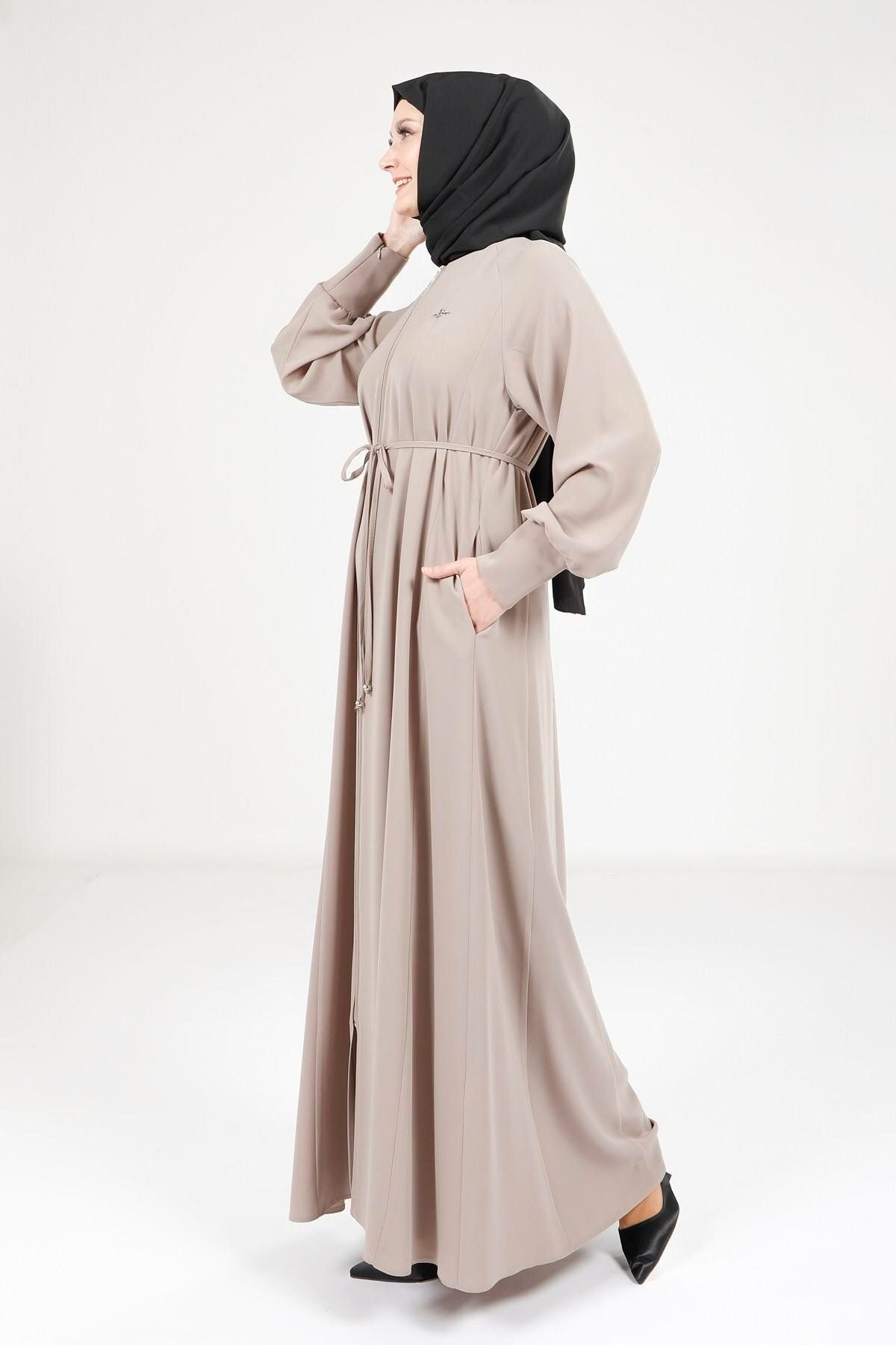 مانتو و عبای پوشیده زنانه ZIPPERED BEIGE FERACE 9162 اورجینال Beyza