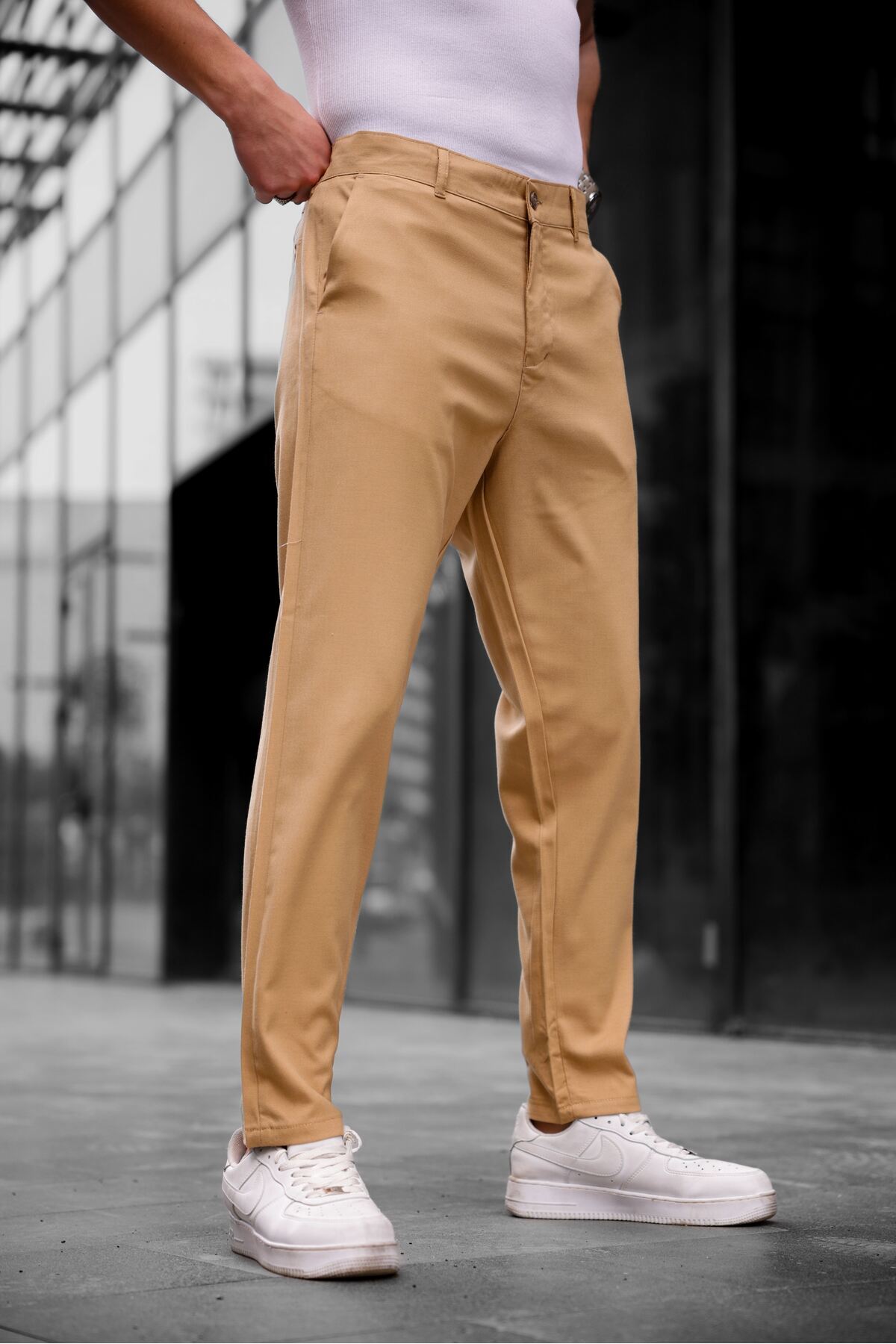 COMBİNE MİCHAİL-Slim Fit Men's Fabric Trousers Light Brown 6