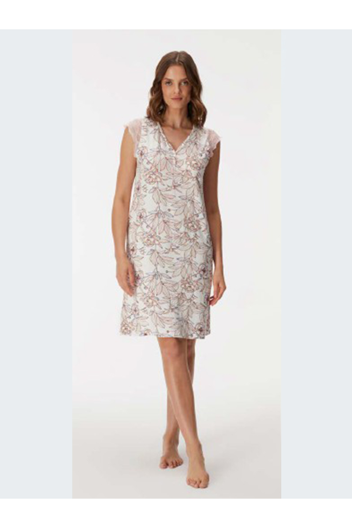 Edam İç Giyim Kadın Sıfır Kol V Yaka Desenli Pembe Gecelik