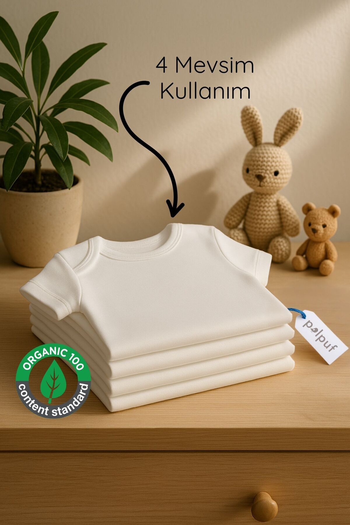 Polpuf 4lü Bebek Body Zıbın %100 Organik Pamuk Bebek Atlet Çıt Çıtlı Badi Beyaz fotoğrafı 2 (önizleme)