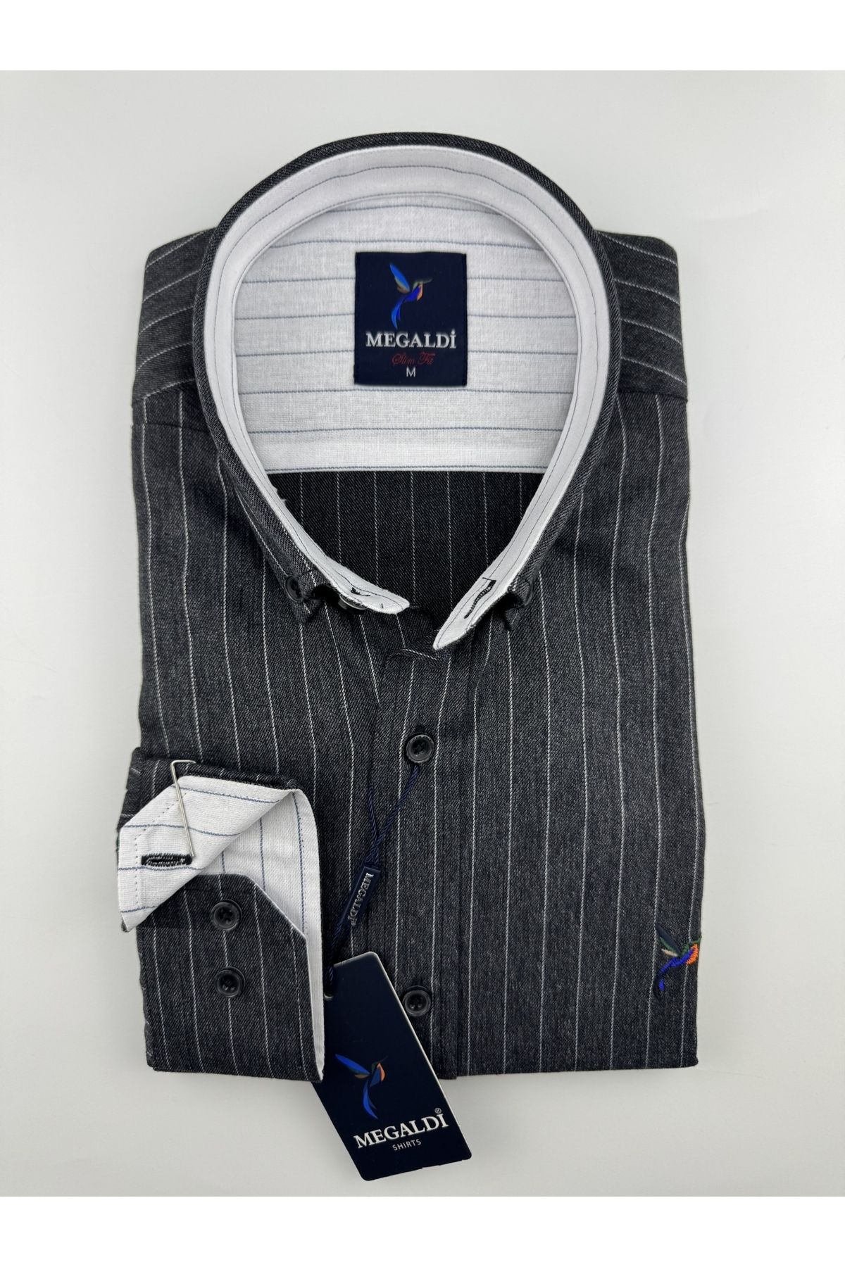MEGALDİ Erkek Slim Fit Kesim Tansel Çizgili Antresit Uzun Kollu Gömlek