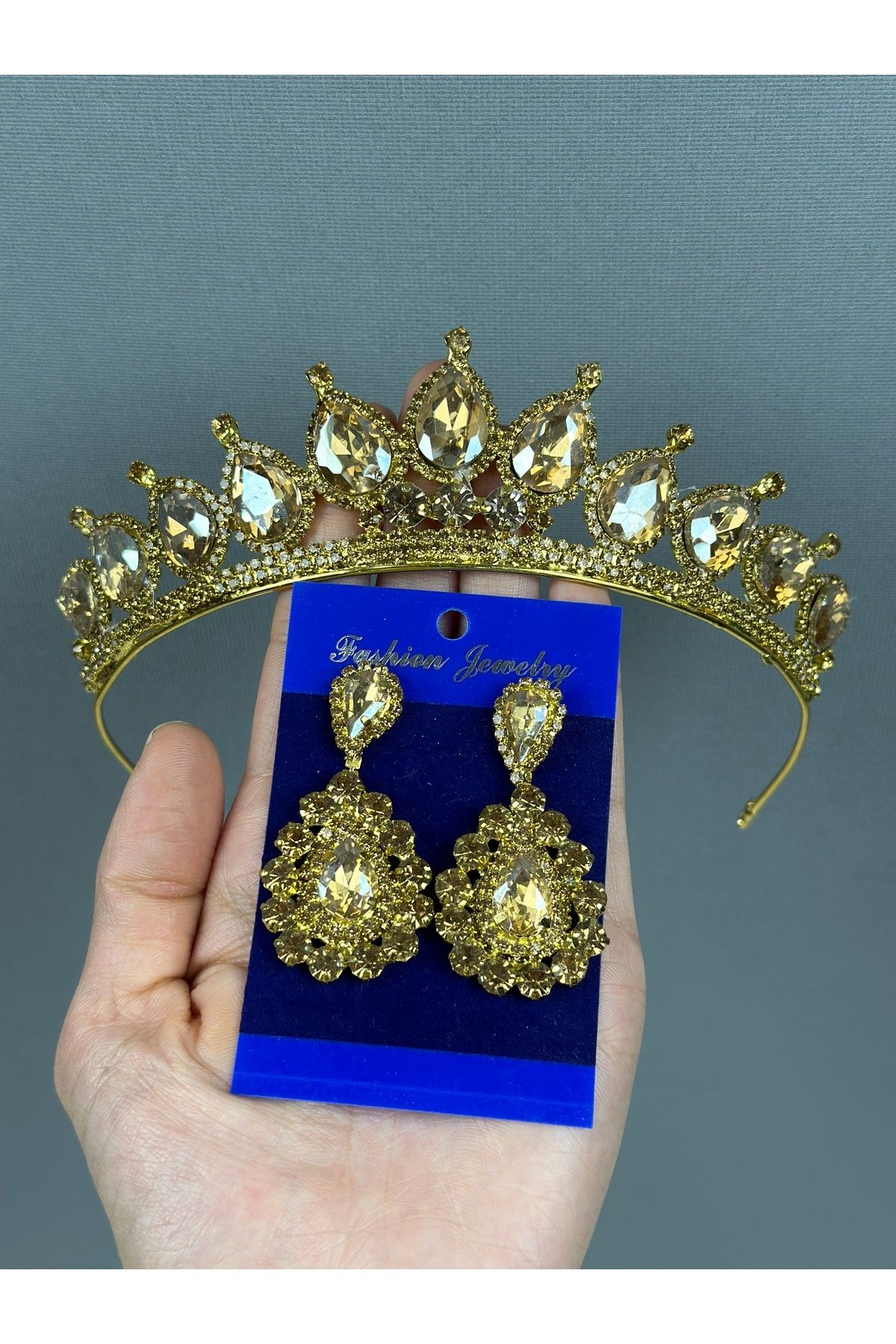 Limelia Gold Neri Model Gelin, Düğün ve Kına Tacı & Mekik Küpe Seti