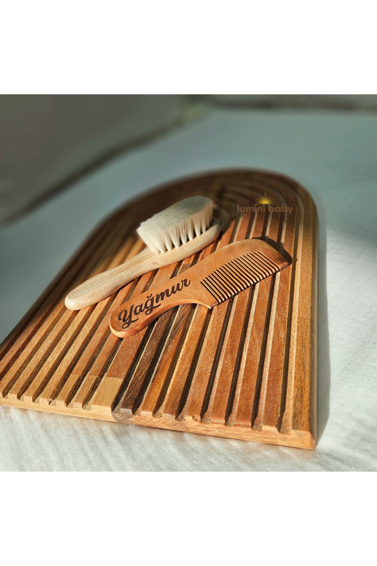 Lumini Baby-Set of 2 Wooden Memory Cubes and Comb with Holder (Personalized) 7