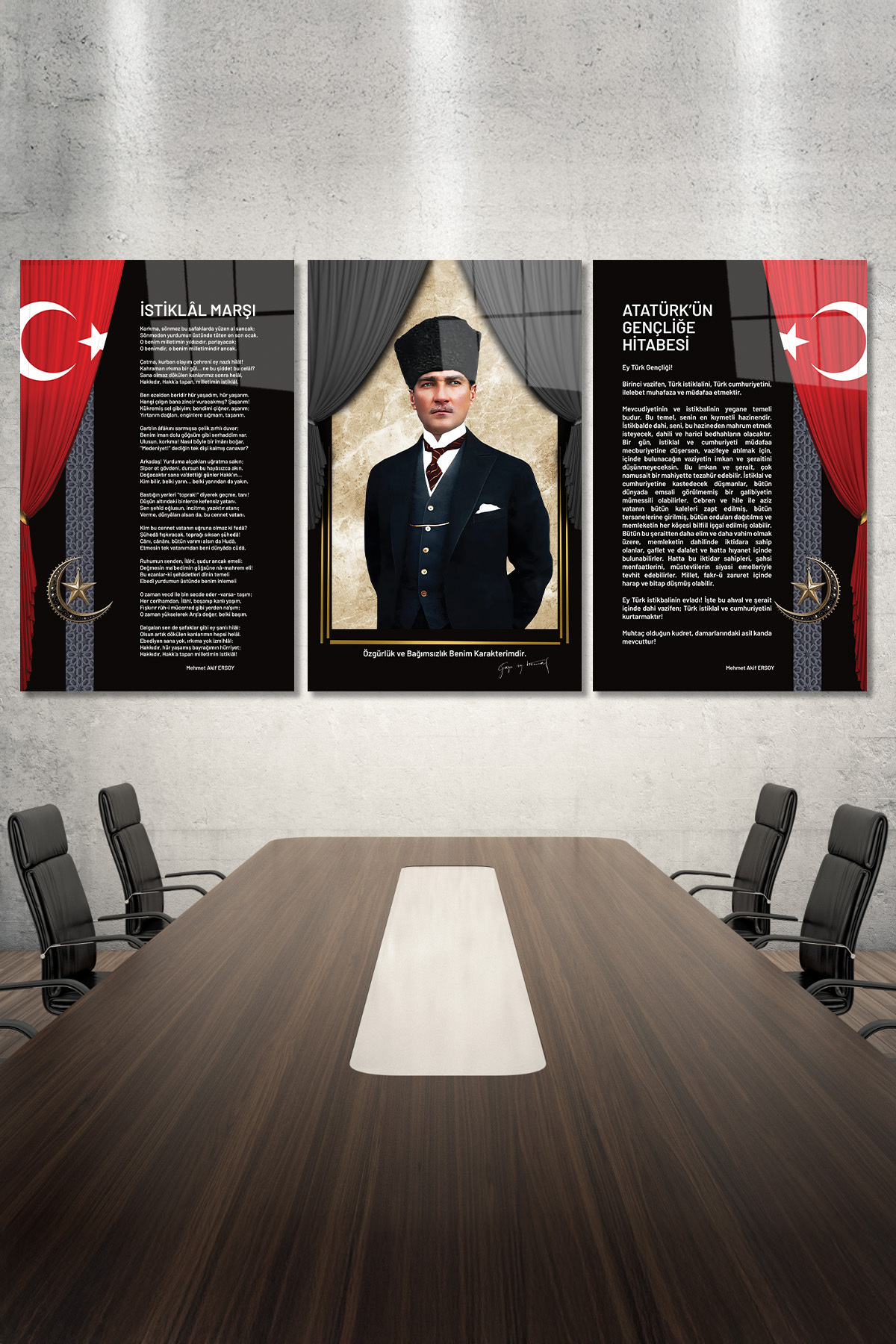 ATATÜRK GENÇİLEĞE HİTABE VE İSTİKLALMARŞI 3 PARÇA CAM TABLO görsel 3