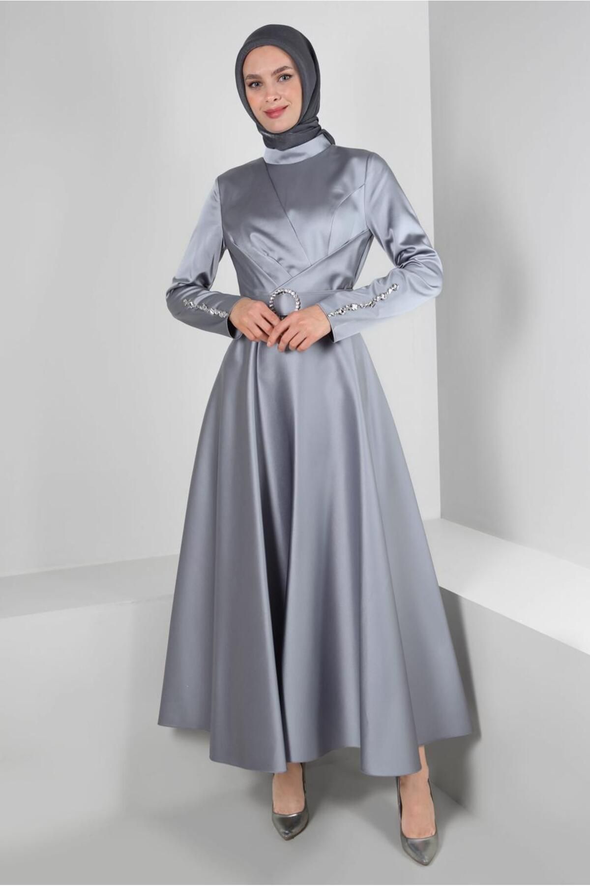 لباس مجلسی ساتن کمربند سنگ دوزی شده 50304 Alvina