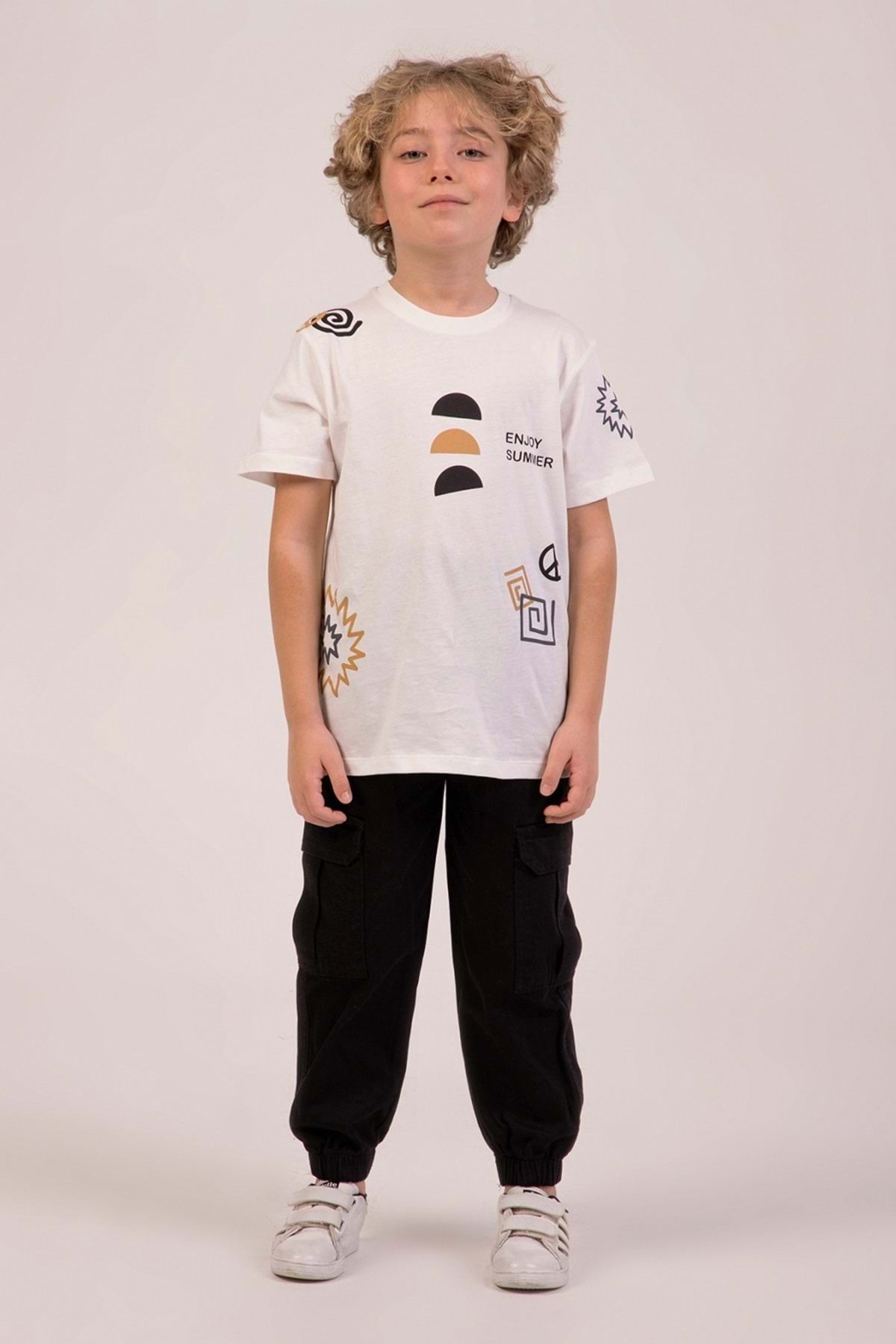 wakawakakidsstore-Tricou pentru băiat cu decolteu rotund cu imprimeu în față și în spate - Ecru 3
