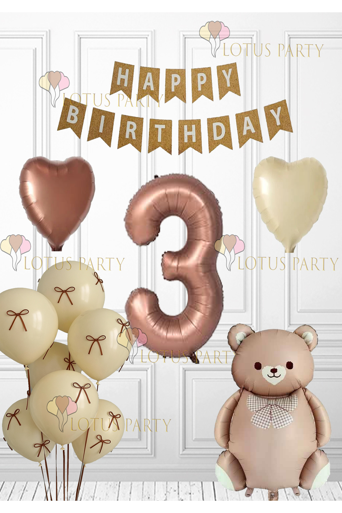 LOTUS PARTY-Retro Brown Bear Birthday Set Balloon with Ribbon Brown Heart Balloon Kraft Happy Banner 3 Years Old 1