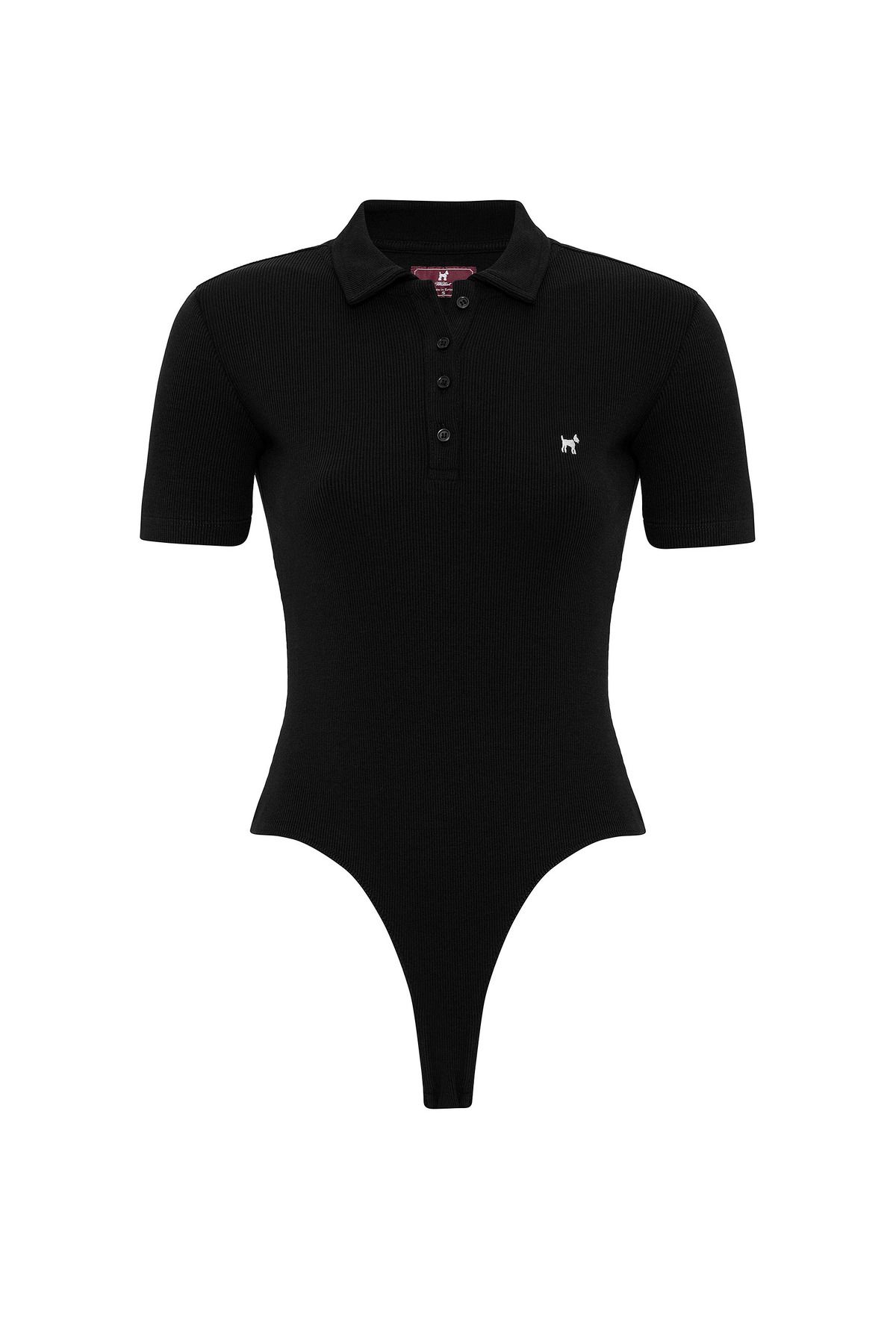 Williot-Magdalena Women's Slim Fit Lycra Short Sleeve Buttoned Polo Neck Bodysuit Blouse 6