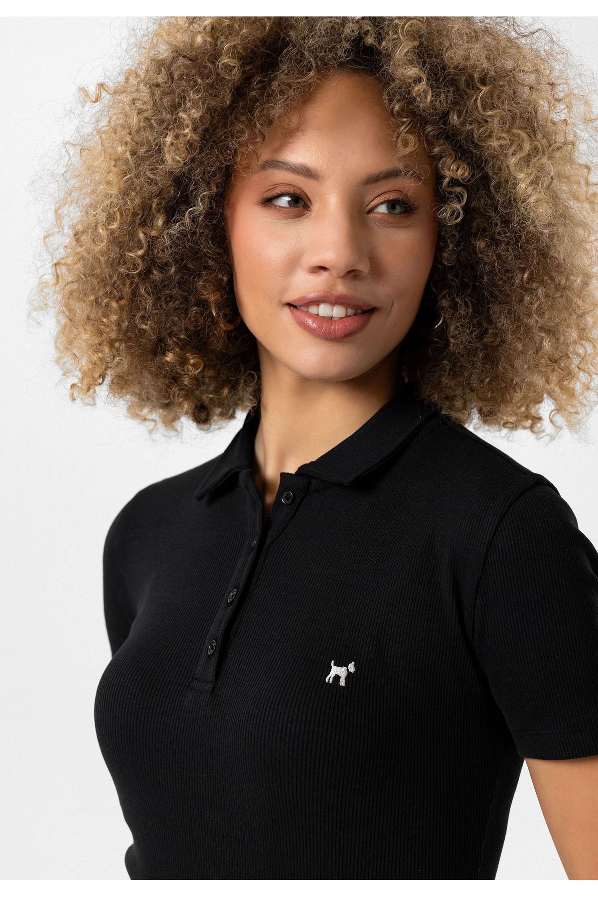 Williot-Magdalena Women's Slim Fit Lycra Short Sleeve Buttoned Polo Neck Bodysuit Blouse 3