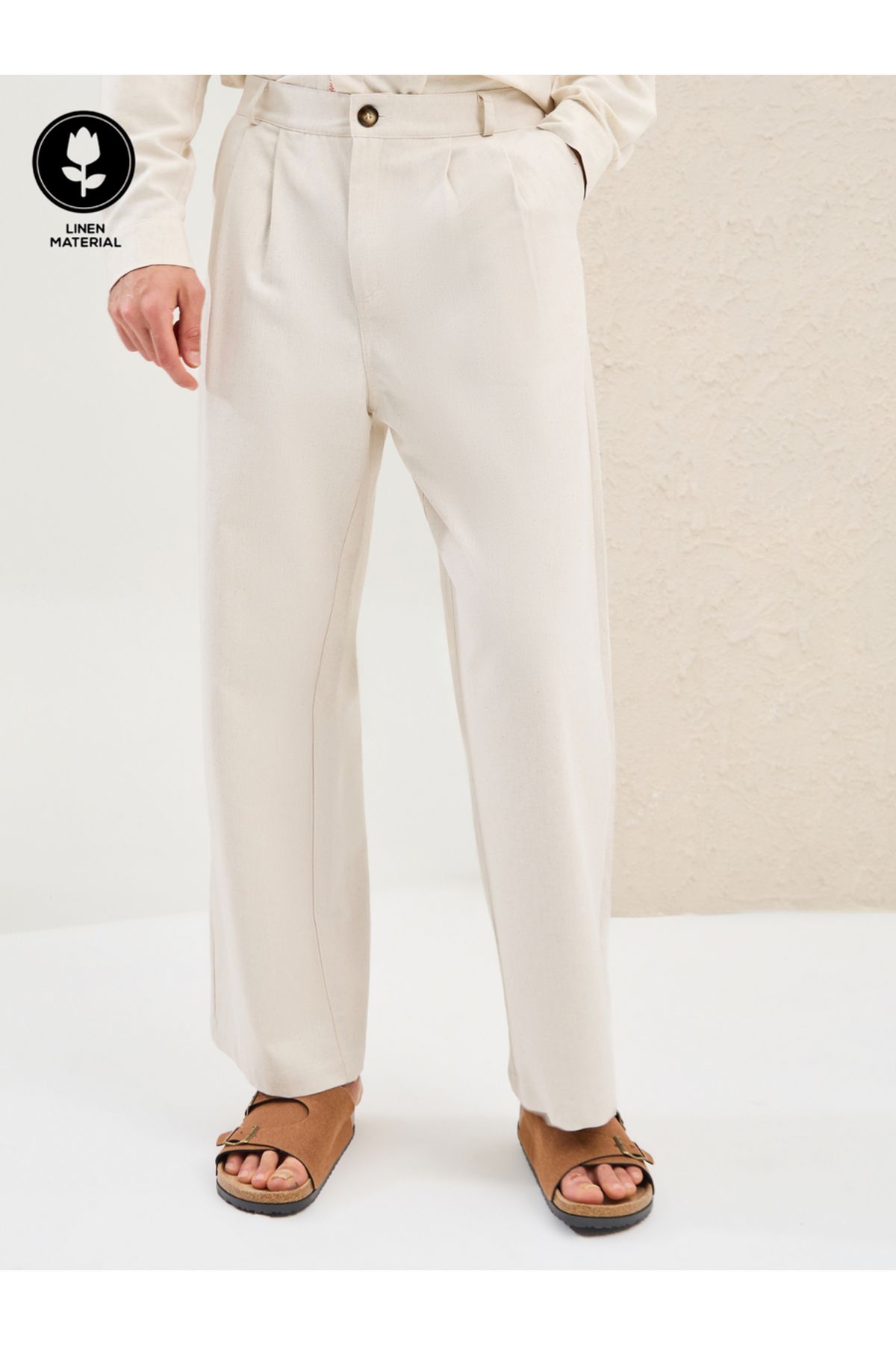 Styli-Solid Linen Blend Pleated Oversized Fit Trousers 1