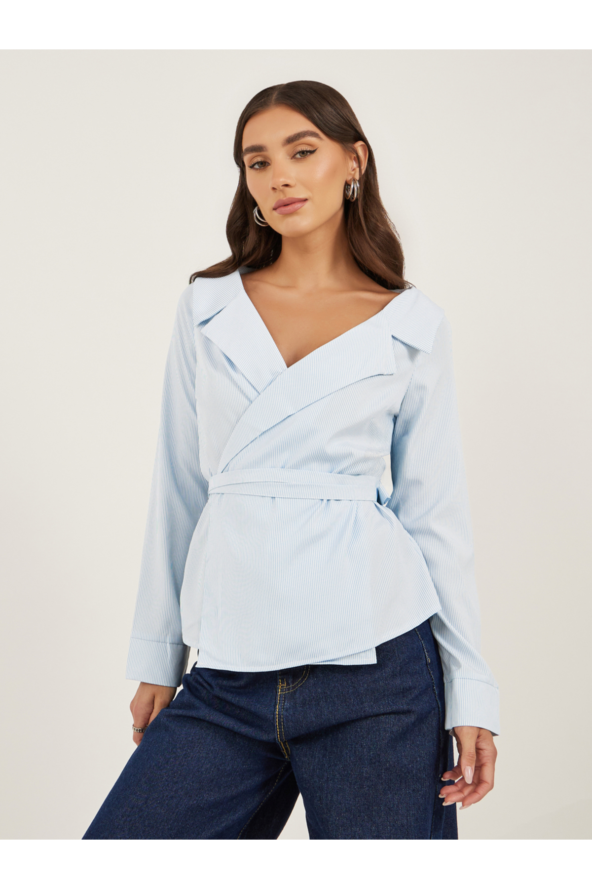 Styli Striped Notch Lapel Wrap Top with Tie Detail
