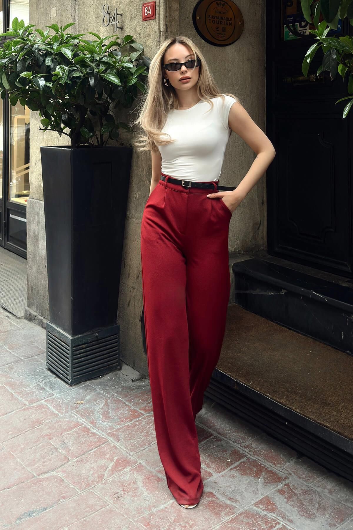 Swist-Pantaloni Palazzo de damă cu talie înaltă, cu curea burgundă 3