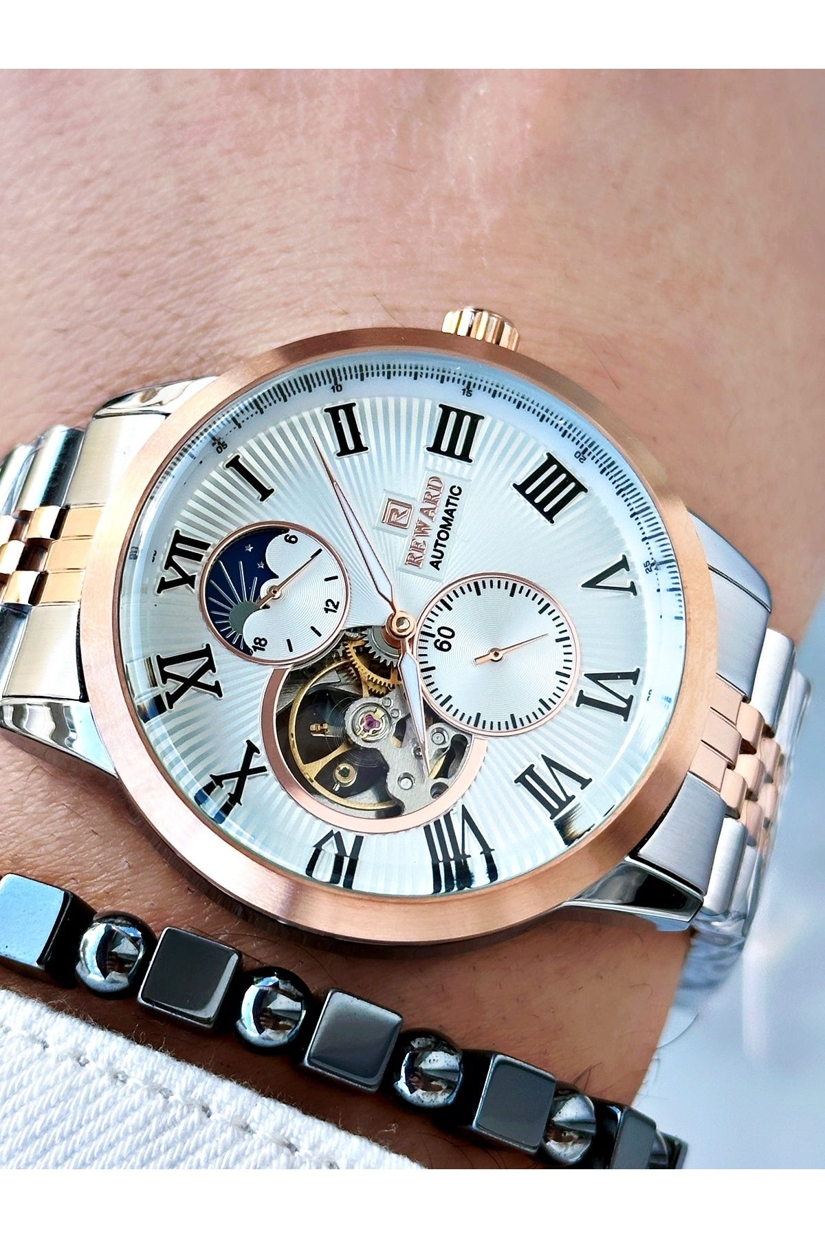 Reward-Rose Gold Silver Color Automatic Mechanism Roman Numeral Men Wrist Watch + Bracelet 2