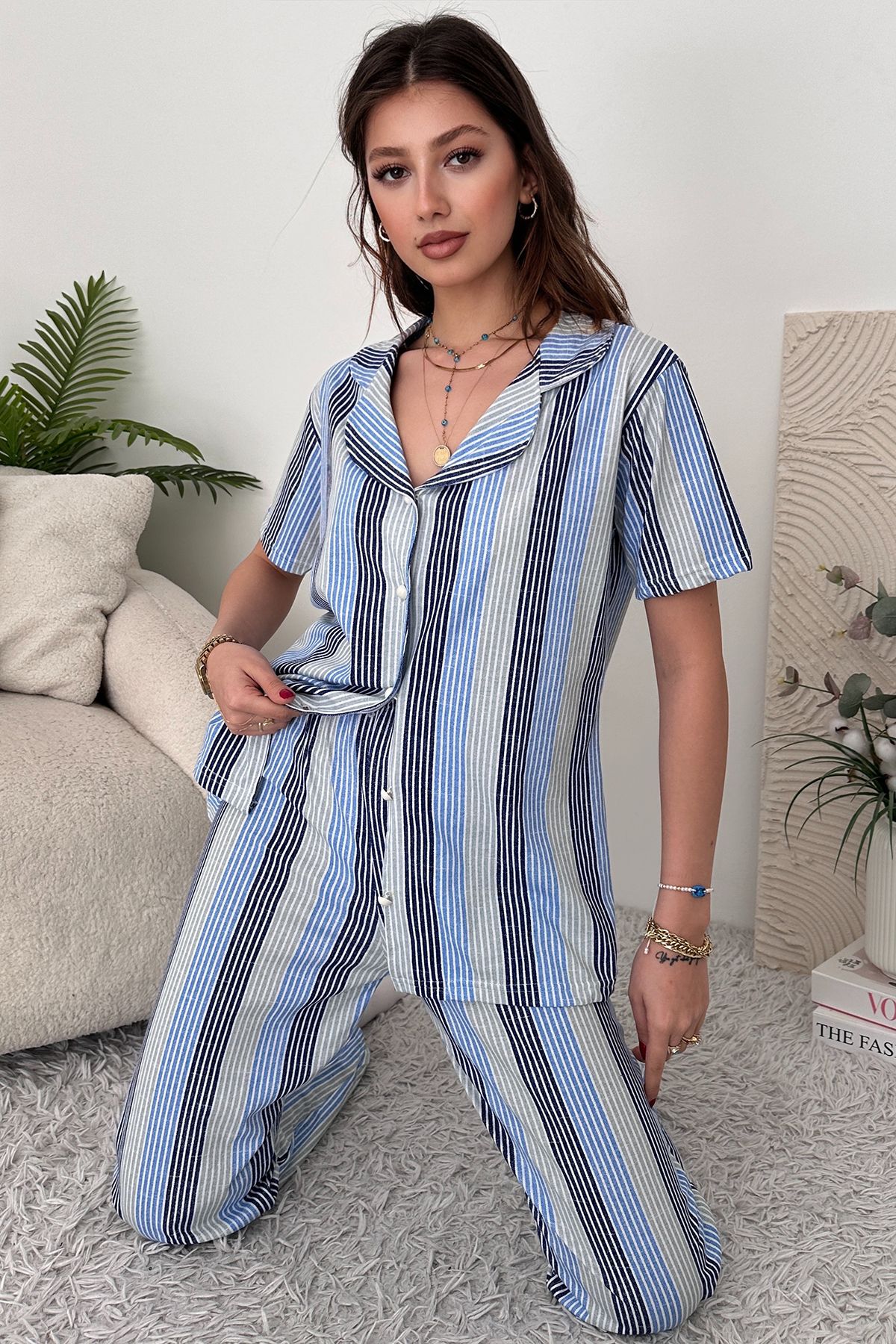 EYYE-Set pijamale de damă din bumbac alb albastru 2