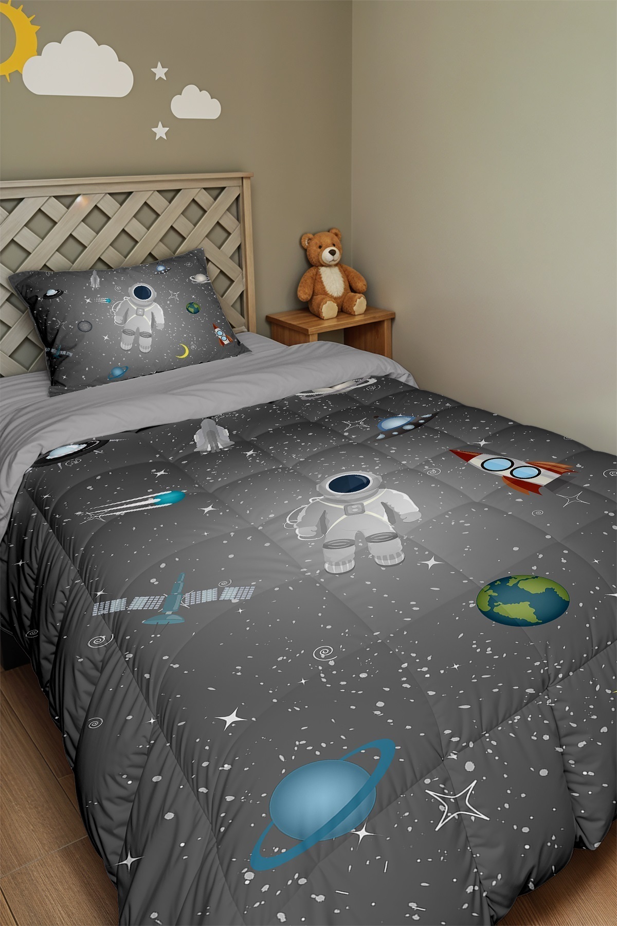 EVPANYA Gri Uzay Küçük Astronot Desenli Tek Kişilik Yorgan ve Yastık Kılıfı