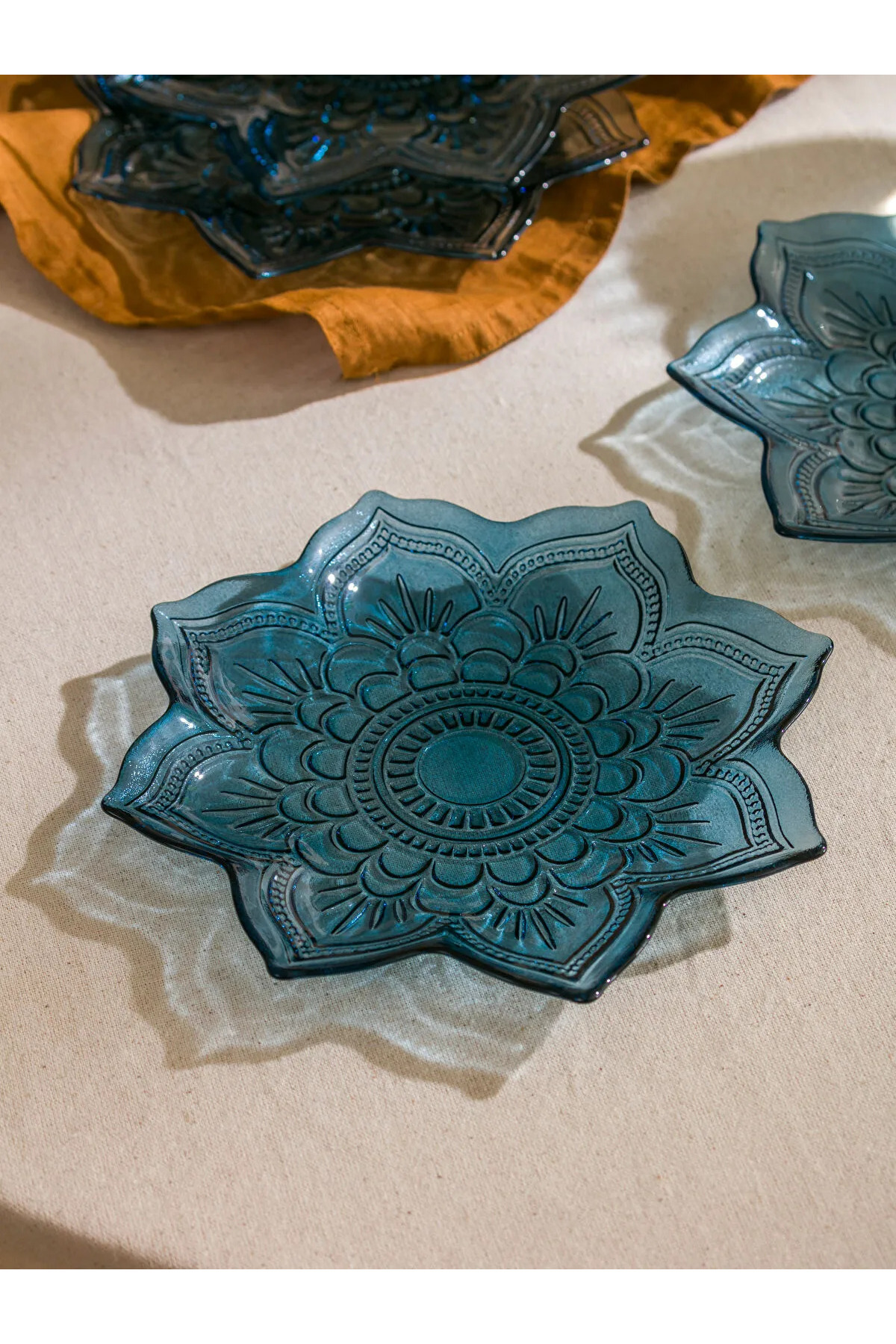LC Waikiki-Lcw Home Navy Blue Flower Figured Glass Cake Plate Set of 4 21 cm 2