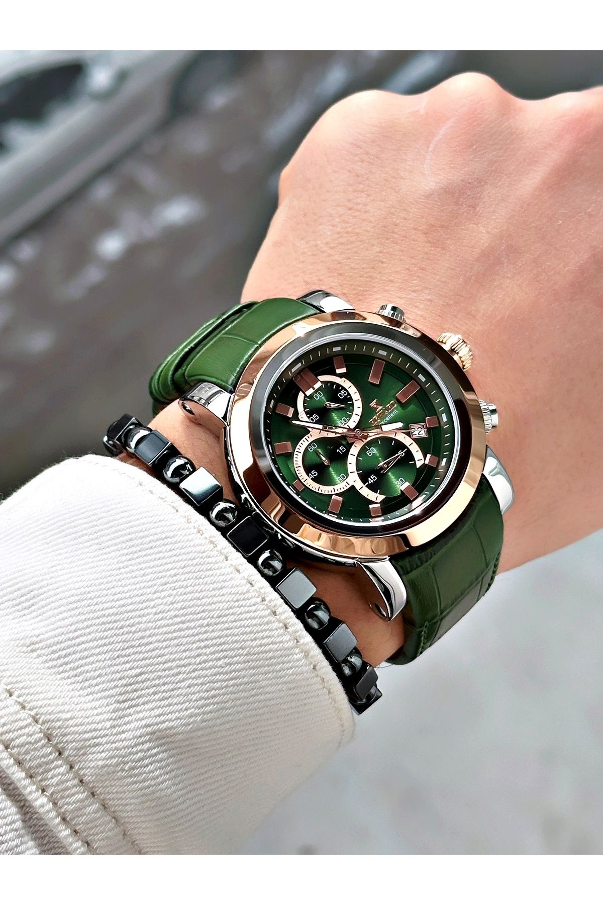 Reward-Green Color Steel Case Function Business Leather Band Men's Wristwatch + Bracelet 2