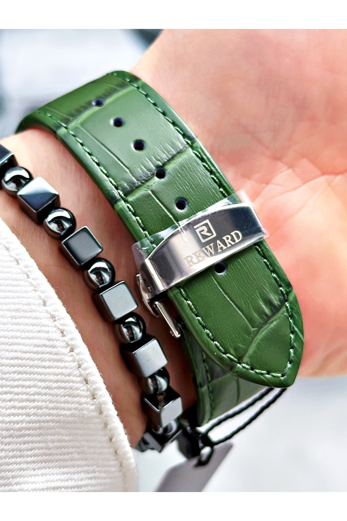 Reward-Green Color Steel Case Function Business Leather Band Men's Wristwatch + Bracelet 4