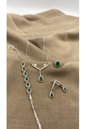 SURA SILVER YEŞİL DAMLA MODEL RODYUM 925 AYAR GÜMÜŞ SET (KOLYE,KÜPE,BİLEKLİK ...