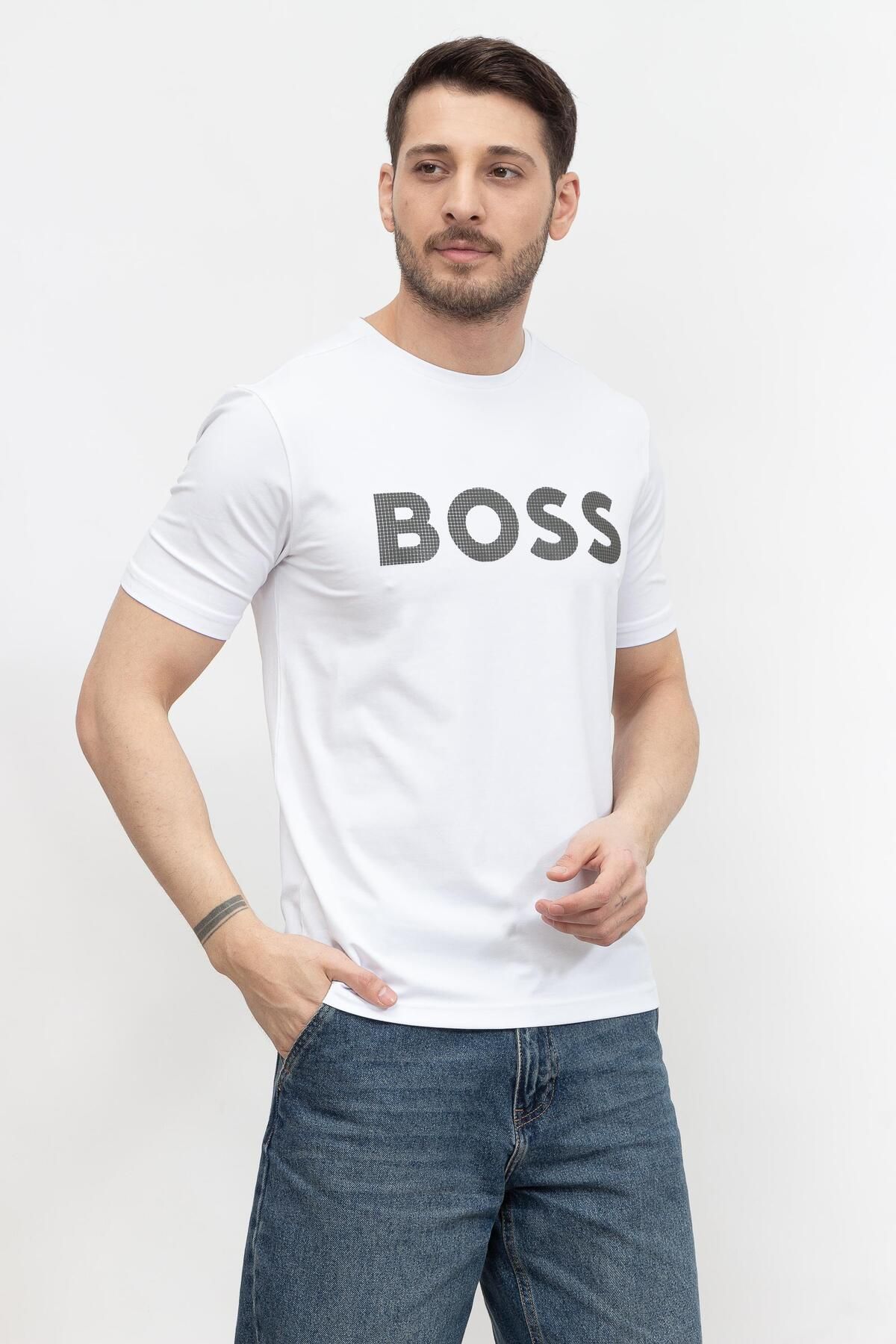تی شرت سفید مردانه آرم بازتابنده یقه دوچرخه طرح دار با پنبه ای مناسب پیراهن T Tring 1 BOSS