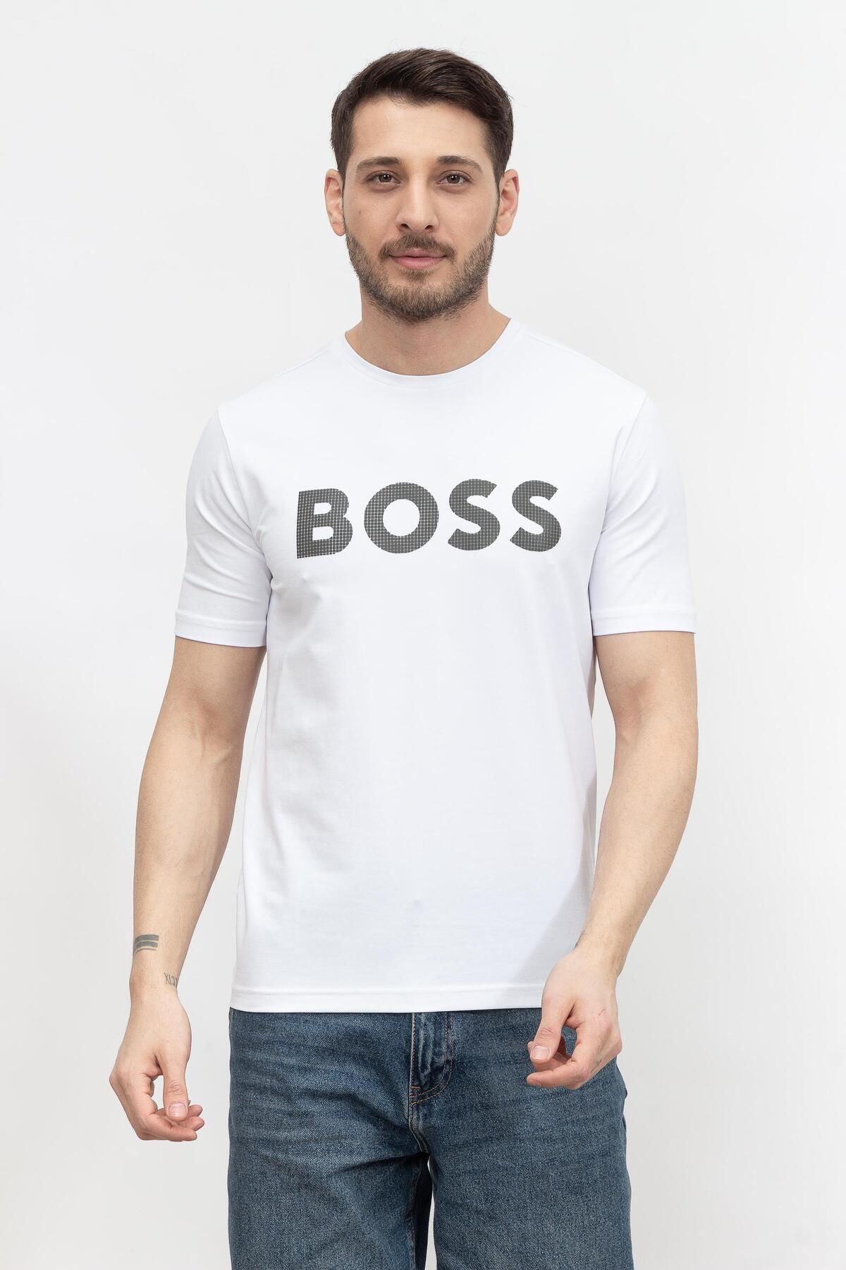 تی شرت سفید مردانه آرم بازتابنده یقه دوچرخه طرح دار با پنبه ای مناسب پیراهن T Tring 1 BOSS