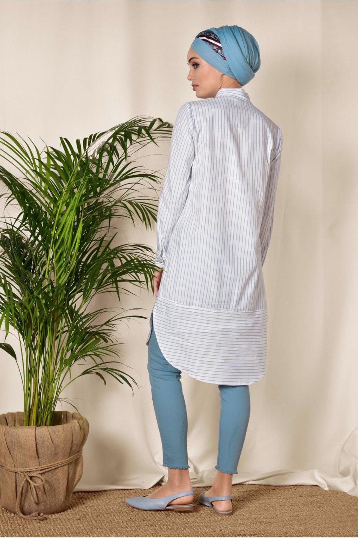Alvina-4979 Model Buttoned Stripe Patterned Tunic 3