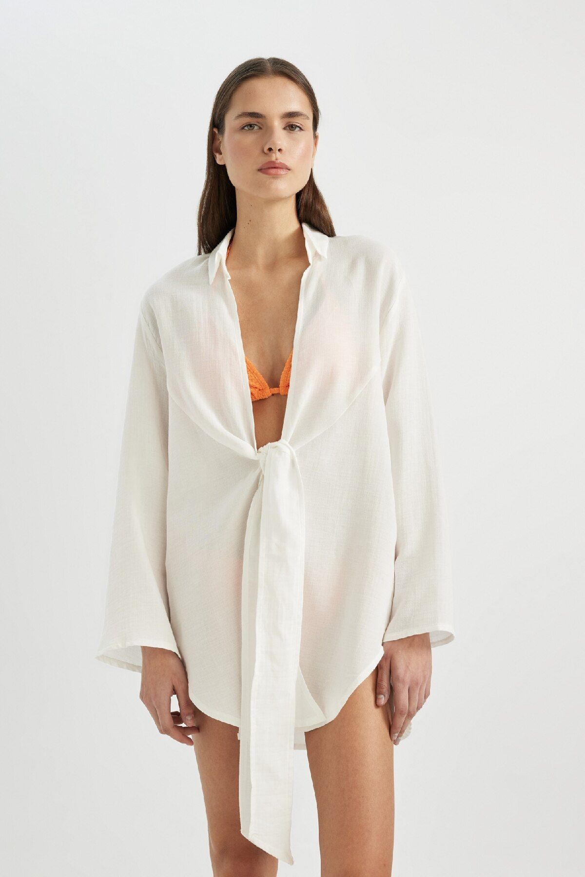 DeFacto-Muslin Front Tie Beach Shirt-Fall in Love B7333Ax24Sm 3