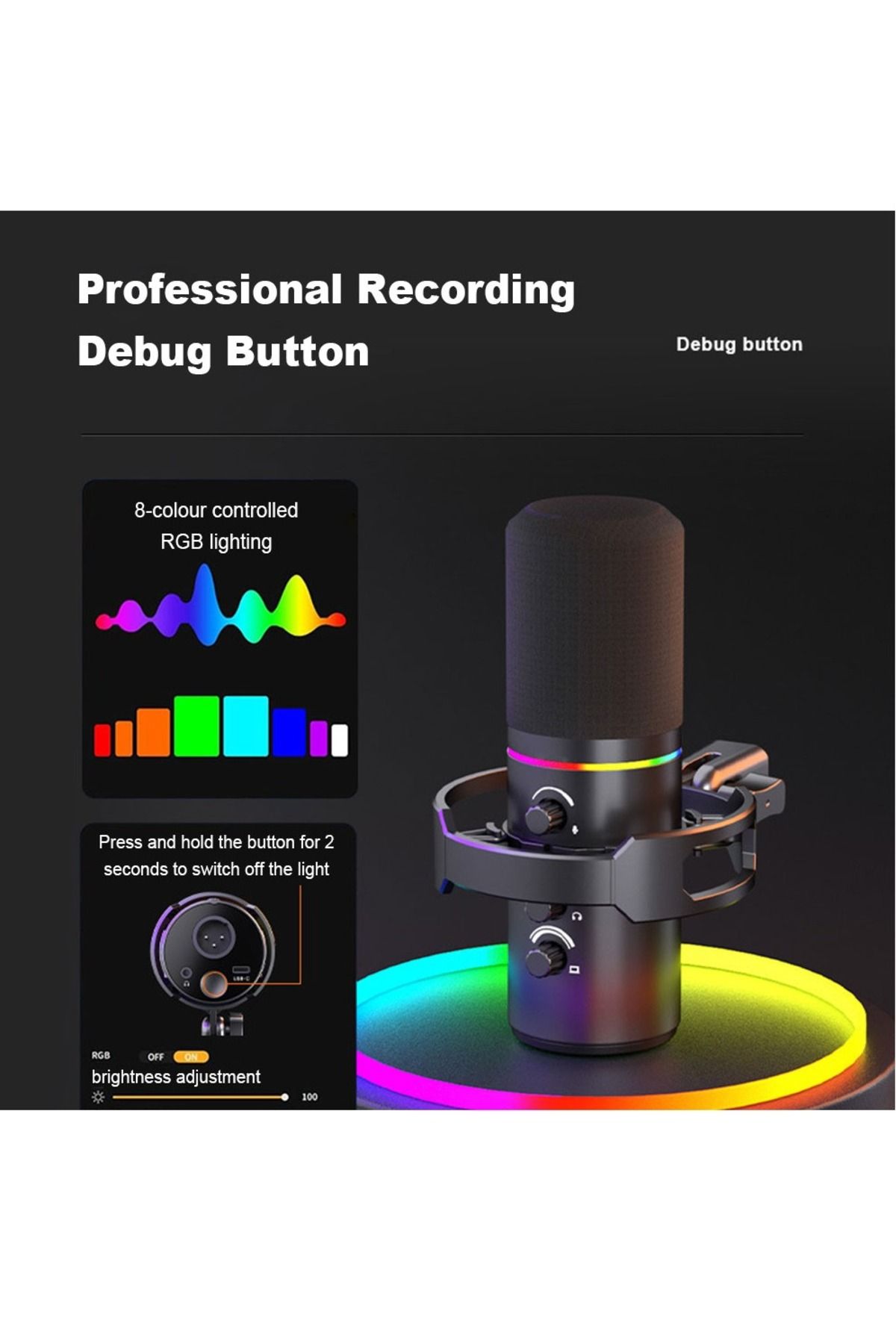 FlashHawk-XLR/USB Dynamic Microphone Kit, RGB Podcast Mic with Mute, Gain Knob, Volume Control 5