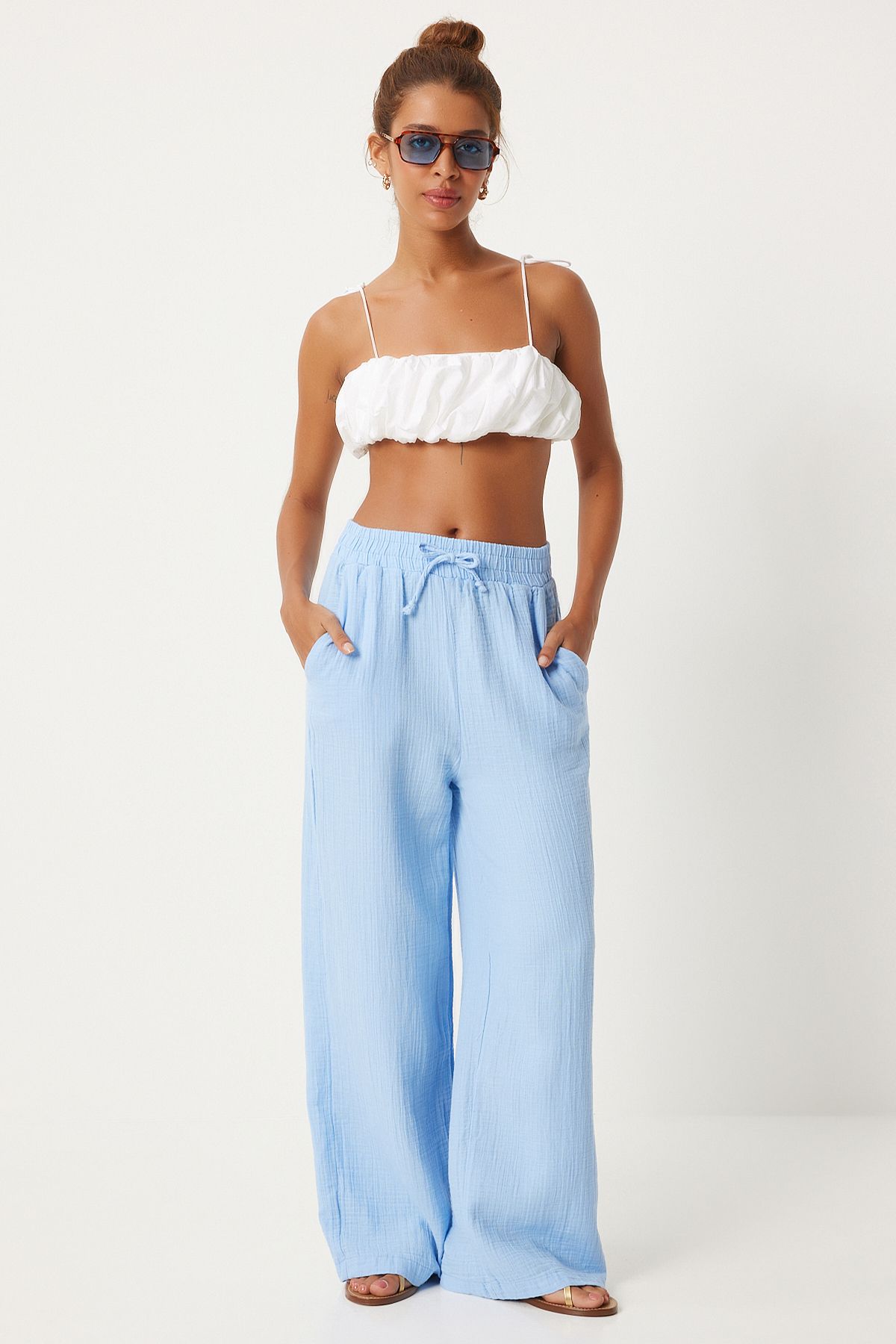 Lovelyİstanbul-Pantaloni Palazzo de muselină albastru - Lmx0008 2