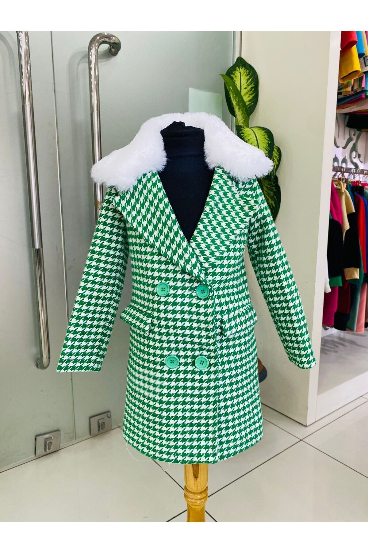 Hilal Akıncı Kids Saks Kazayağı Model Yakası Kürklü Içi Astarlı Kaban