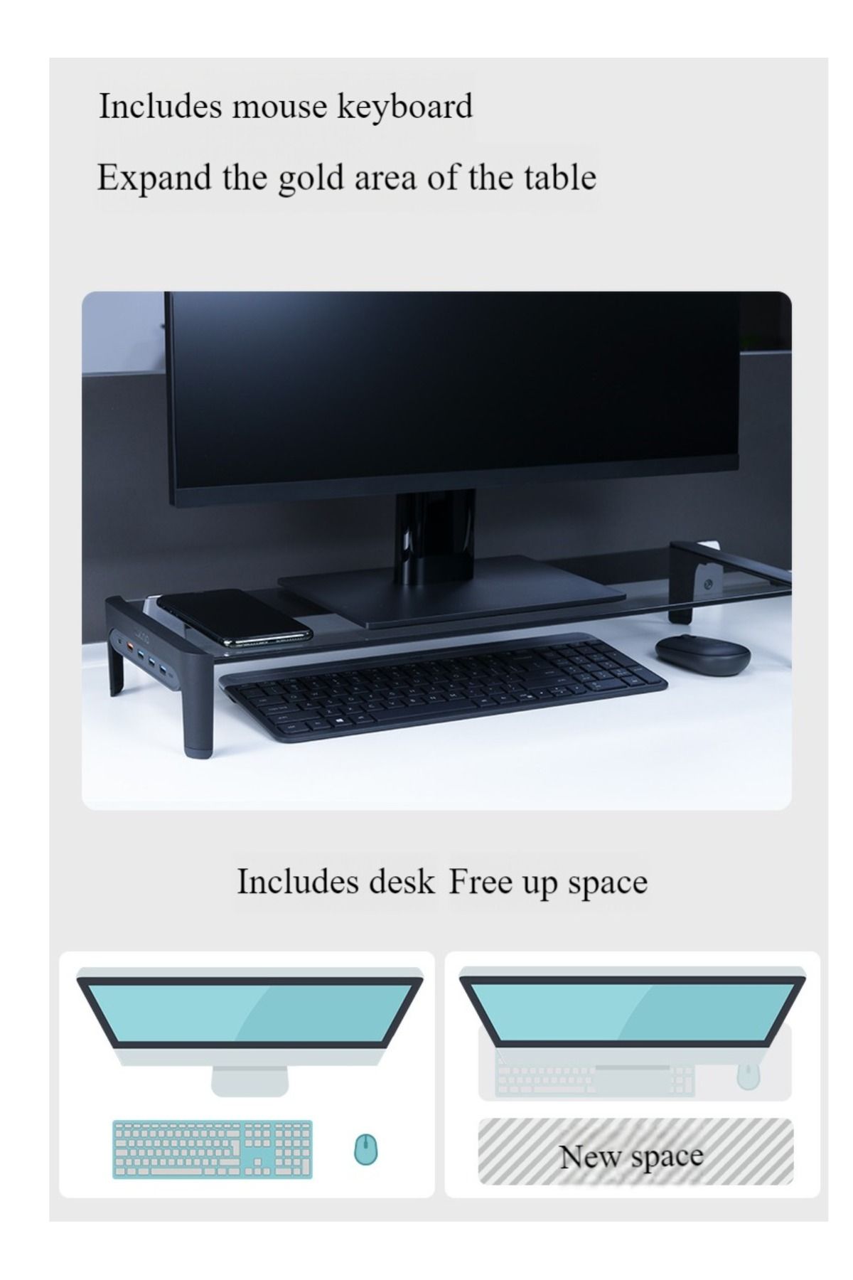FlashHawk-Monitor Riser Stand with USB 3.0 Hub,Tempered Glass Desk Storage Stand Support 6