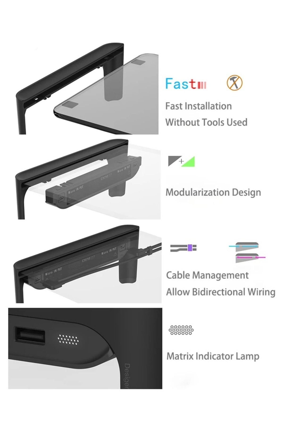 FlashHawk-Monitor Riser Stand with USB 3.0 Hub,Tempered Glass Desk Storage Stand Support 7