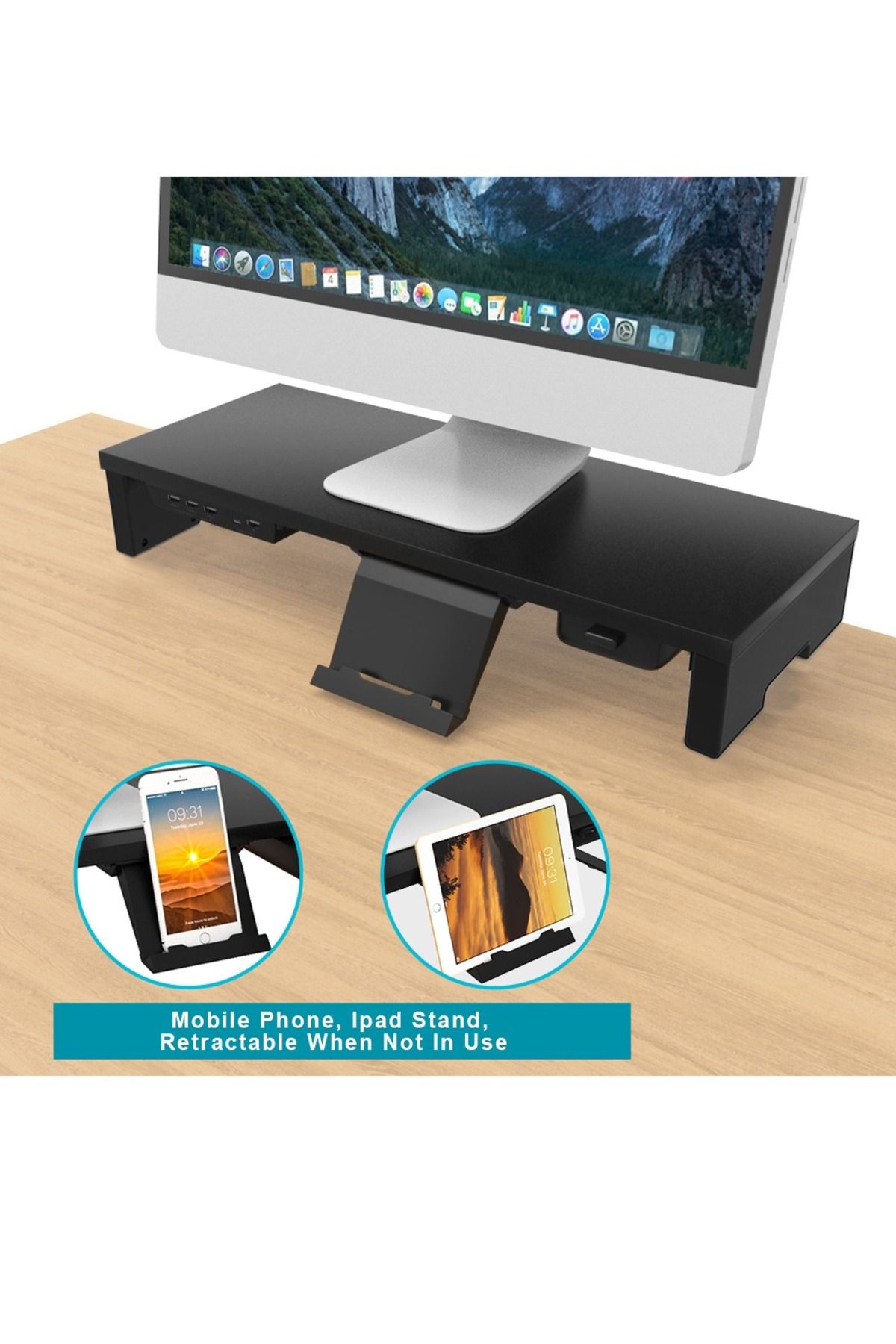 FlashHawk-Monitor Stand Riser,Desk Shelf Riser with Storage Drawer and Tablet Phone Hold 2