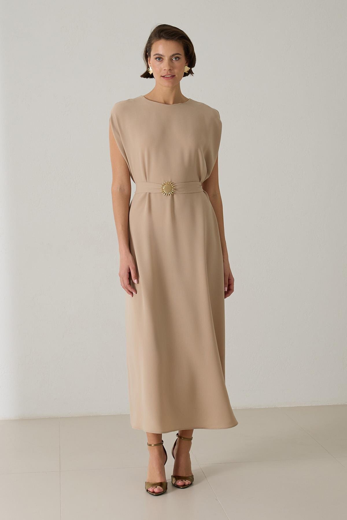Setre-Biscuit Brooch and Halter Detail Relaxed Cut Wide Fit Dress 2