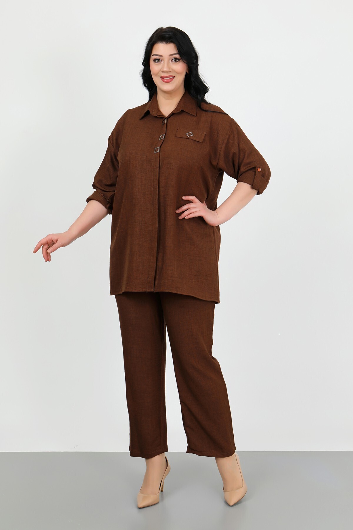 By Alba Collection • Kadın Soft Keten Pantolon Gömlek Büyük Beden İkili Takım