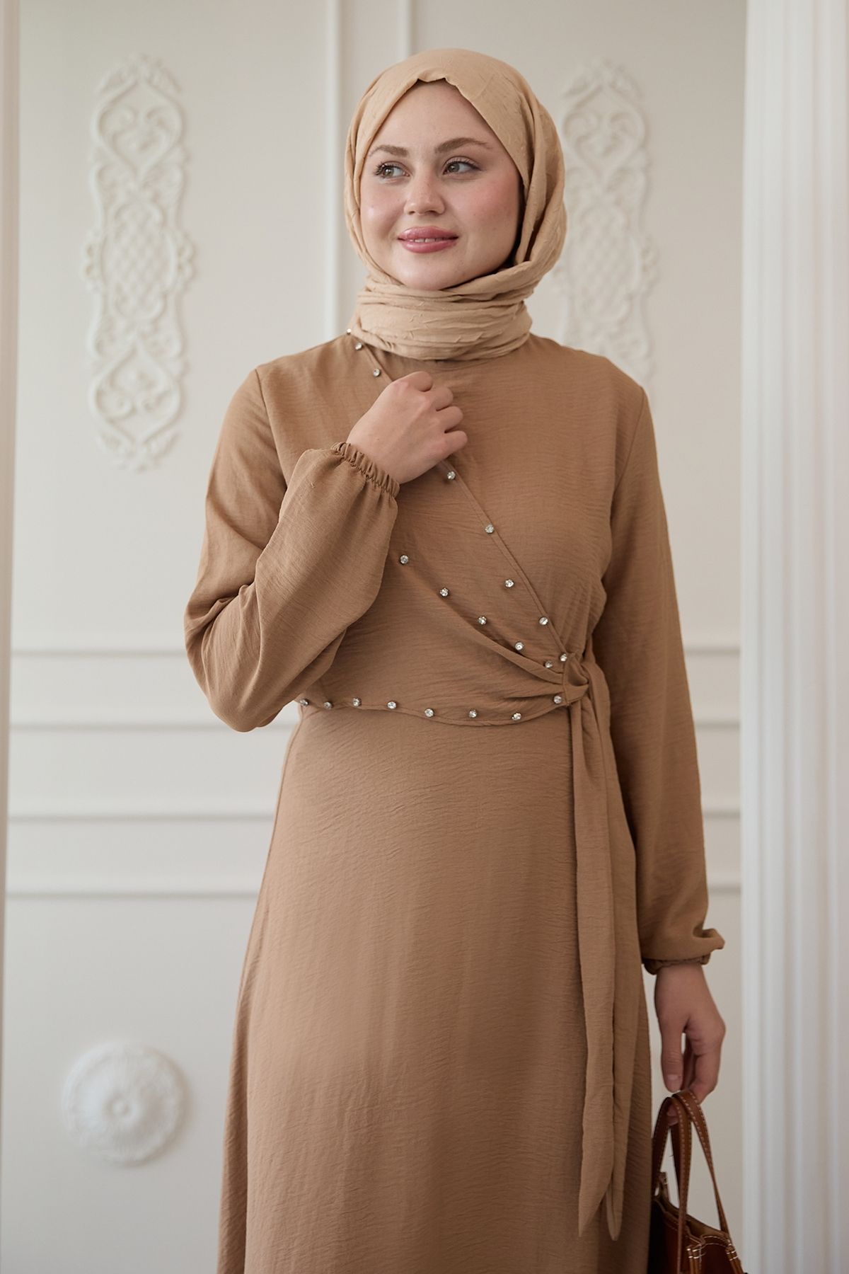 InStyle-Pearl Front Tie Camel Ayrobin Dress 2