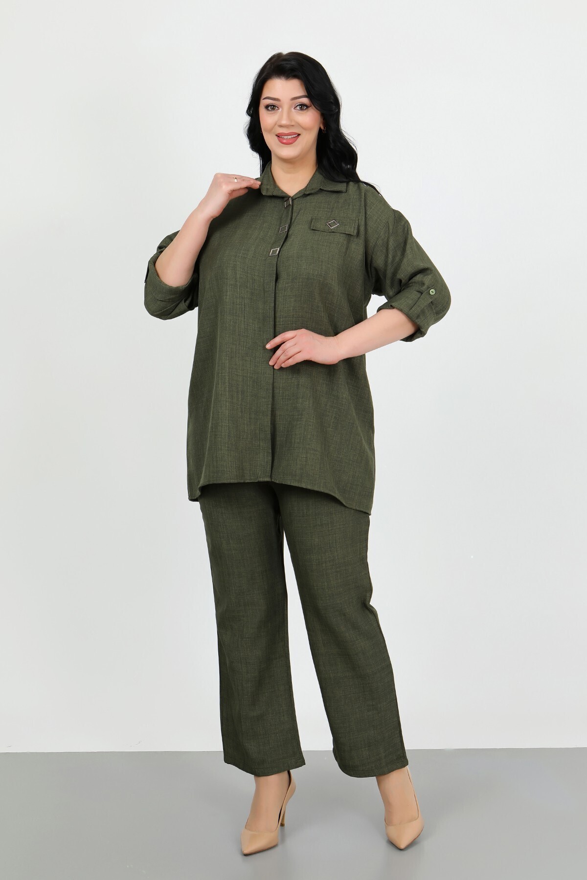 By Alba Collection Kadın Haki Soft Keten Pantolon Gömlek Büyük Beden İkili Takım