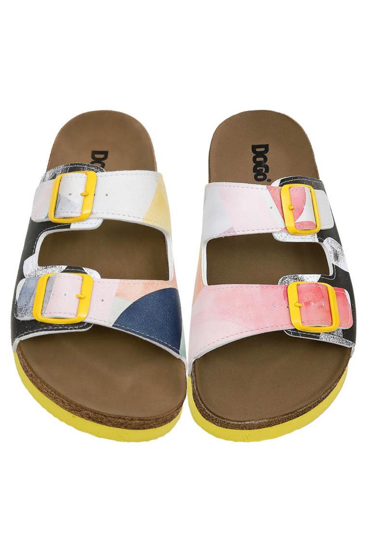 Dogo-Women's Vegan Leather Multicolor Slippers - Geometric Shapes Design 3
