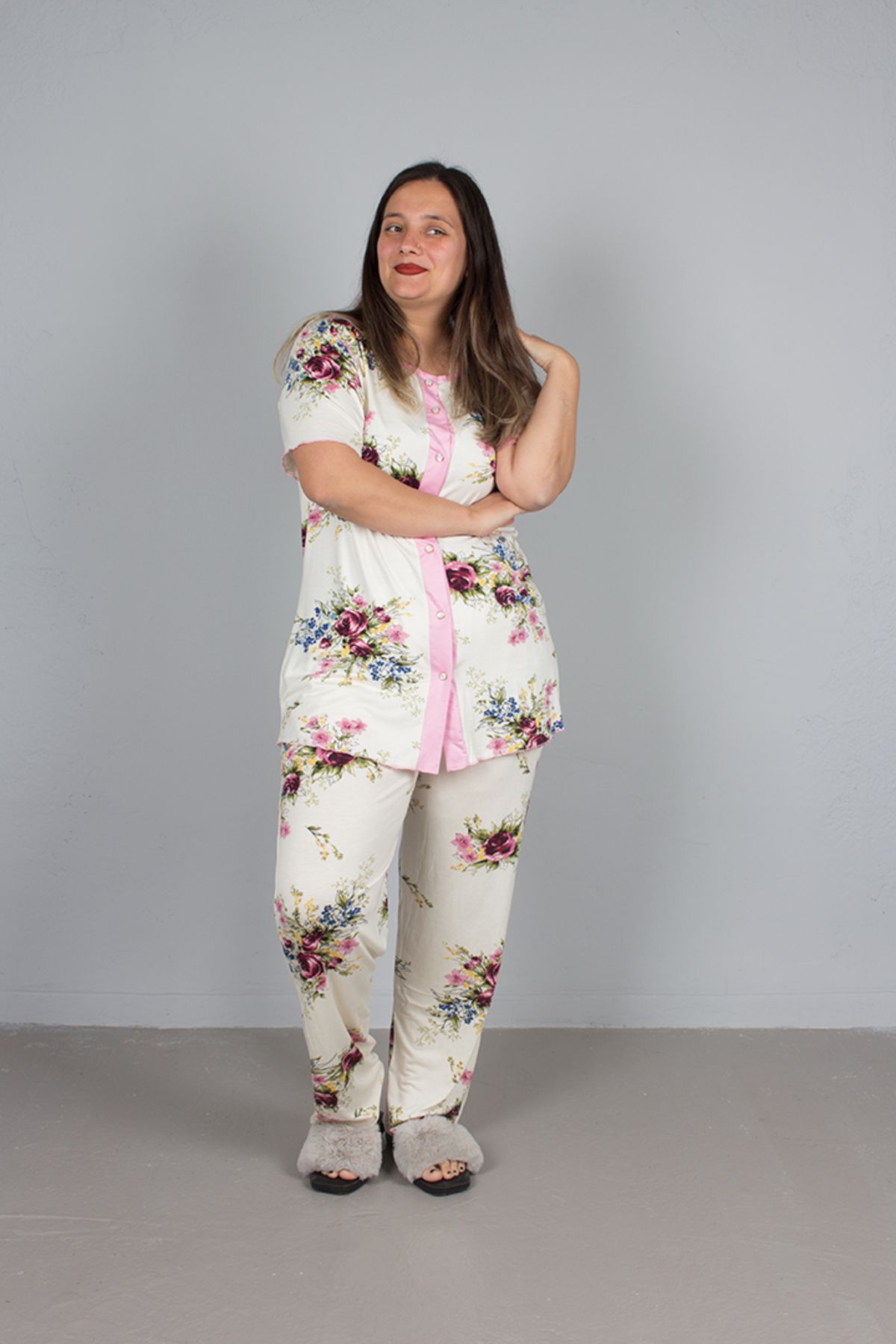 Truva XXL-Large Size Floral Patterned Lycra Buttoned Pajama Set 5